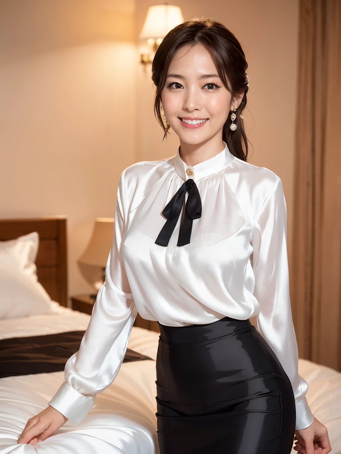 (RAW Photos:1.2)、 (Realistic:1.4),(D cup breasts),Thick legs、alone、(silk_blouse:1.5),(Pencil Skirt:1.4),(Pearl_Earrings:1.3),Jewelry Necklaces、(Hair is up:1.3),black eye、(Dimly lit hotel room:1.8)、(Looking at the audience:1.2)、Beautiful Japanese Women, Very detailed,High resolution, Very detailed,highest quality,Raise your consciousness,Unified,8k wallpaper,masterpiece,highest quality,1 female,alone,rich,Whole Body Ezbian,(A kind smile:1.5)