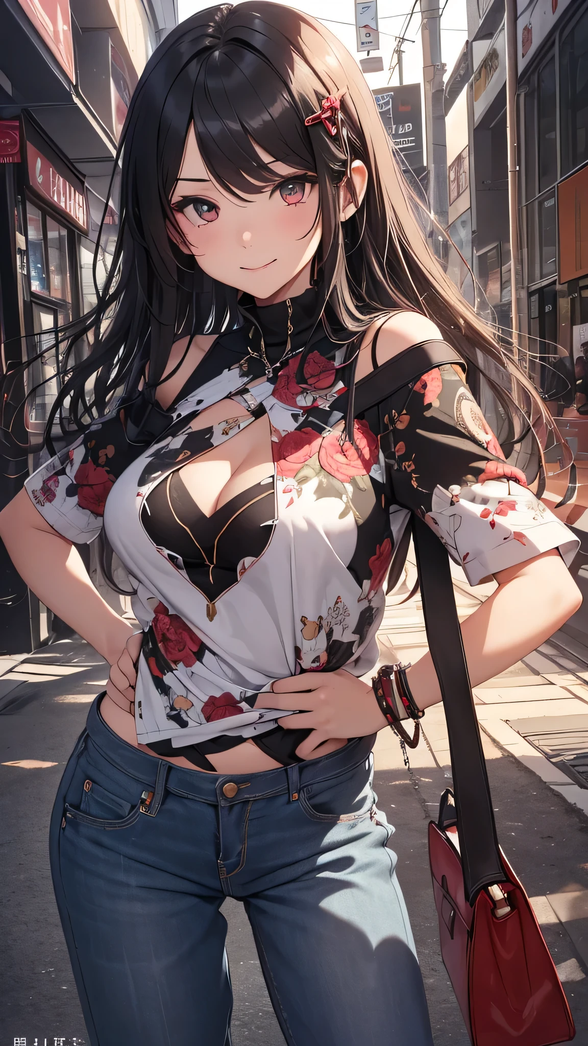 最high quality、Best image quality、masterpiece、girl((18-year-old、 By becoming、Best Bust、Medium Bust,Wide open breast tea、Red glowing eyes,Black Hair、Red Mesh、Disheveled Hair、Lointail、thin,The highest valley、Open chest、Luminous Wristbands、hair ornaments、Show the whole body,Black short sleeve T-shirt、Wear a shoulder bag、Short denim trousers、Leaning forward、smile、Disheveled,Hands on hips、turn around、Stretch your arms out in front of you)),high quality、Beautiful art、background((Beautiful sun、sunlight、Large shopping malls、squirt))、Flight、Flying debris、Written boundary depth、movie、Visual Arts、Perfect art、8K,Genuine,