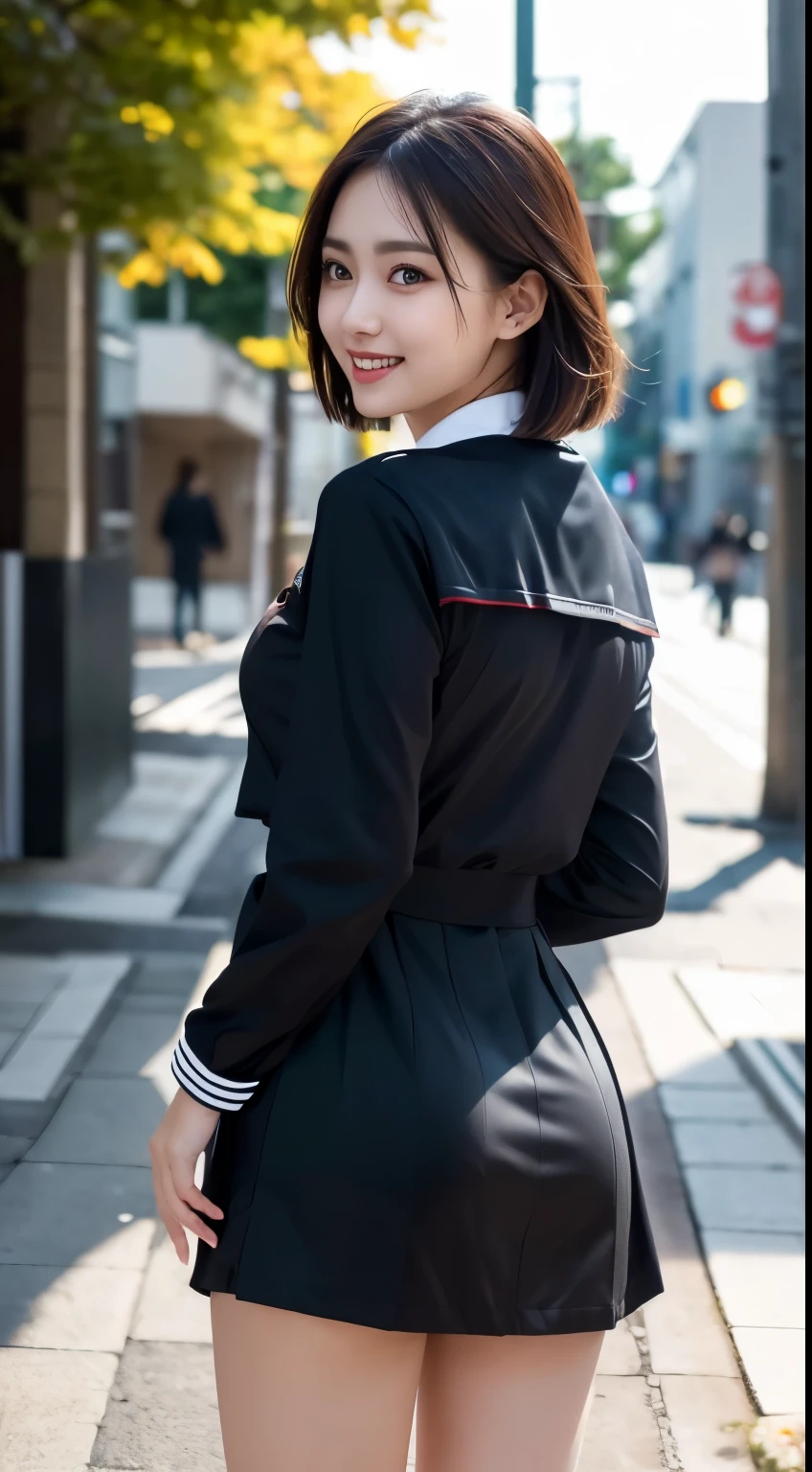  Take realistic photos in uniform, serafuku、seifuku, Sailor suit with loose coat collar, Japan , Cute droopy eyes Beautiful big eyes、Laughter、RAW Photos, (In 8K、highest quality、masterpiece:1.2)、(Intricate details:1.4)、(Photorealistic:1.4)、Octane Rendering、Complex 3D rendering with ultra-detail, Studio Soft Light, Rim Light, Vivid details, Super Detail, Realistic skin texture, Detailed aspect, Beautiful details in the eyes, Highly detailed CG Unity 16k wallpaper, compensate, (Detailed Background:1.2),　Glowing Skin、looked back、Exposed thighs!!!、