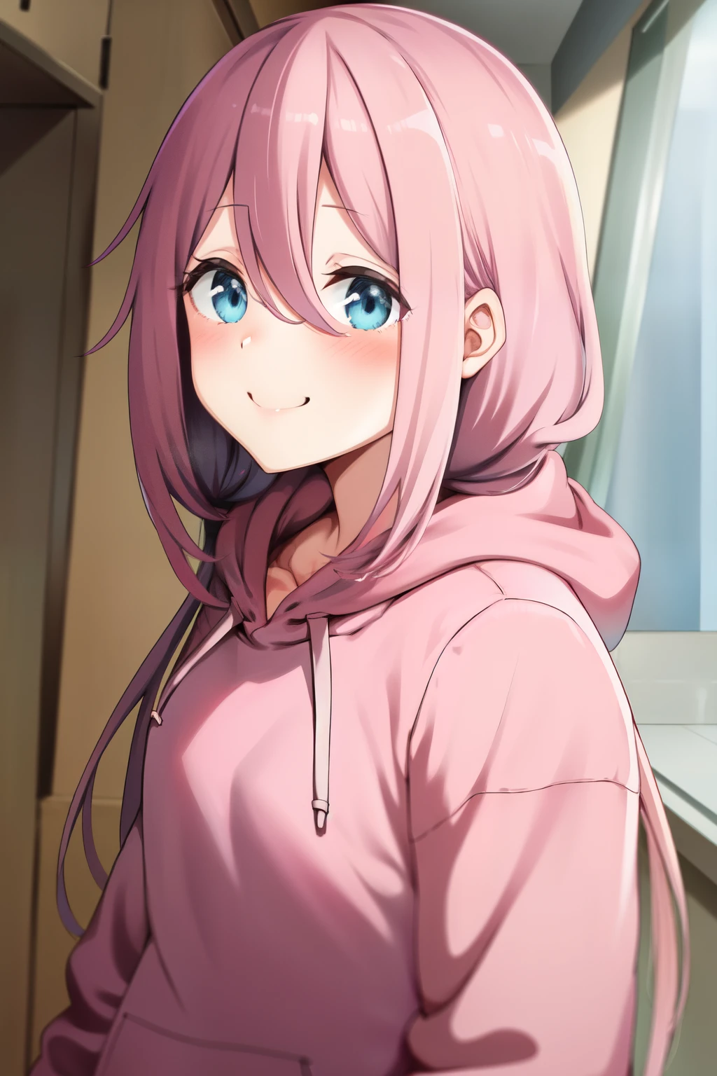 upper body, nade,  in a pink hoodie looking cold 1girl, solo, s, blue eyes, long hair, low twintails, hair between eyes, looking at viewer, , smile, blush, simple background,  