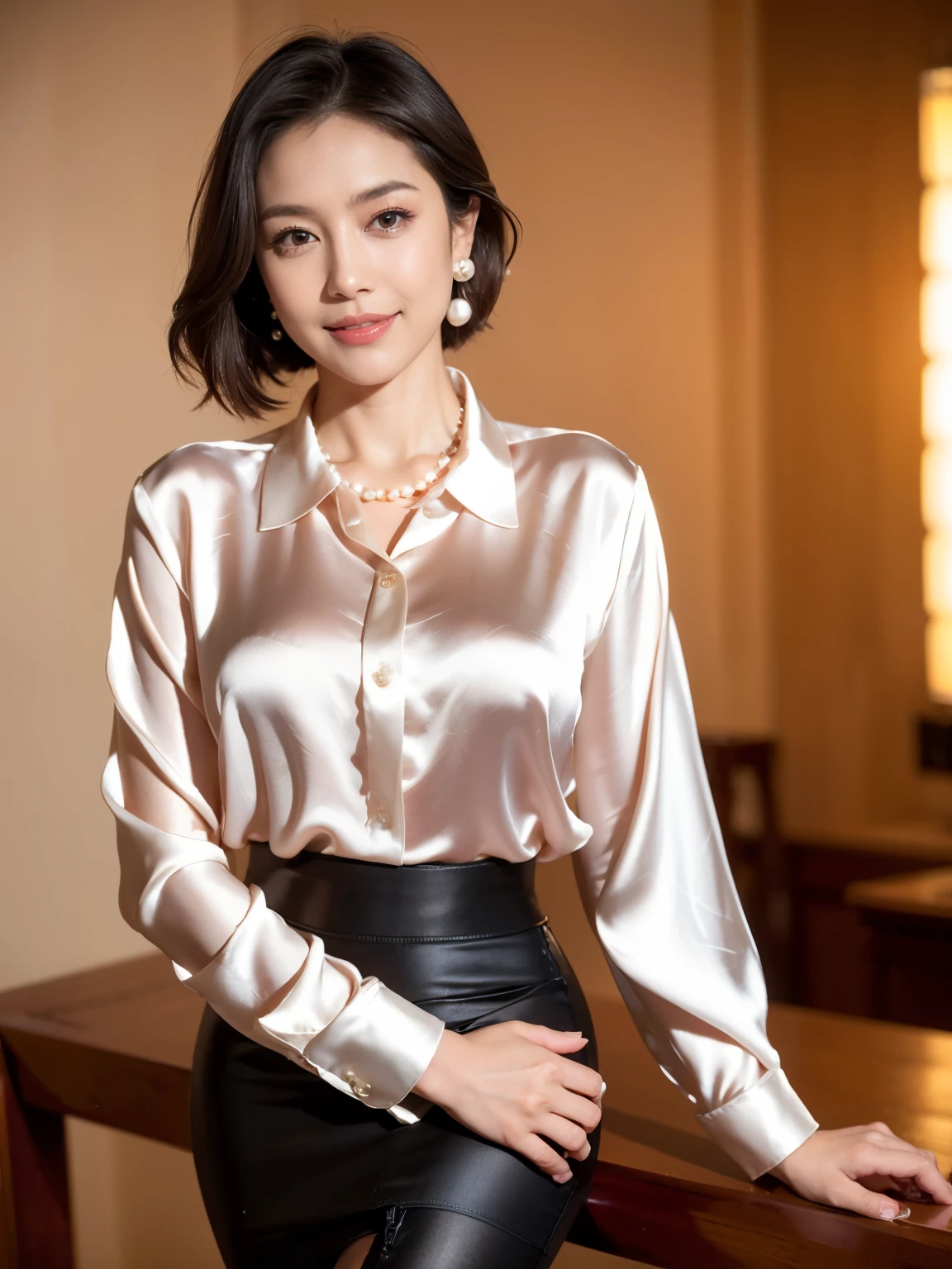 （RAW Photos：1.2）、 (Realistic:1.4),（D cup breasts）,Thick legs、alone、(silk_blouse:1.5),(Pencil Skirt:1.4),(Pearl_Earrings:1.3),Jewelry Necklace Short Hair,black eye、（Dimly lit hotel room：1.8）、（Looking at the audience：1.2）、Beautiful Japanese Women, Very detailed,High resolution, Very detailed,highest quality,Raise your consciousness,Unified,8k wallpaper,masterpiece,highest quality,1 female,alone,rich,Whole Body Ezbian,（A kind smile：1.5）