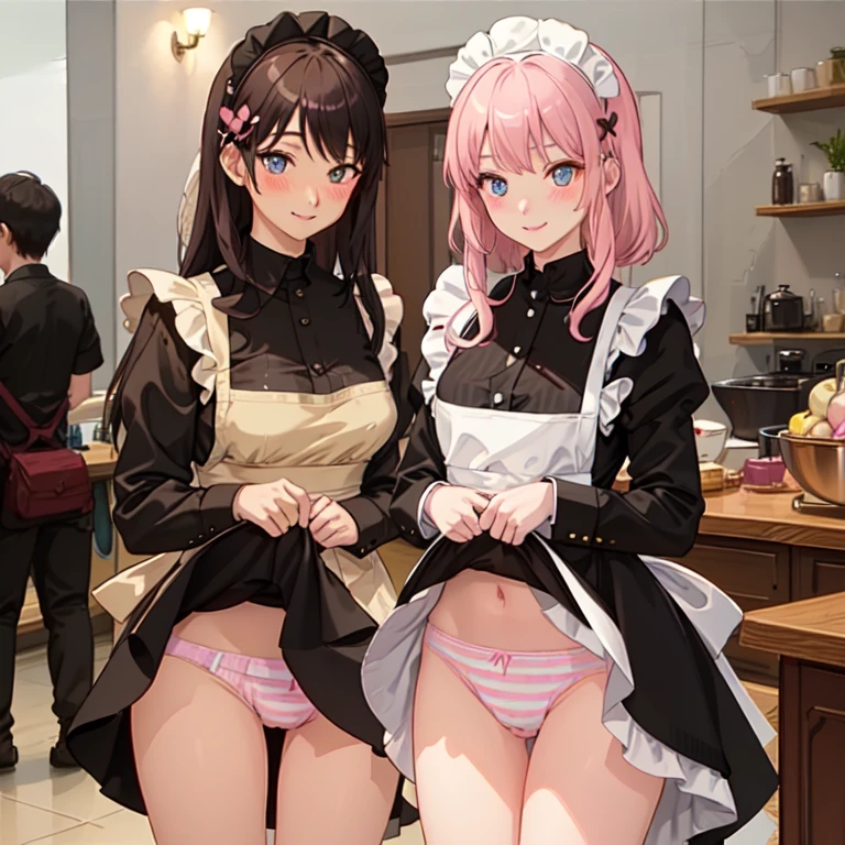 highest quality、masterpiece、((2 women))、((smile:1.3))、(blush:1.3)、Black Shirt、blouse、((fun!!))、(Small breasts)、()、Blonde、(Long sleeve)、((White apron:1.5))、((Maid))、((hair ornaments)),、Kamimei、look at me、 ((in house:1.5))、 Taking a break from watching the audience、Cowboy Shot、(Skirt lift:1.3),(Highly detailed pink striped panties:1.3)、(Highly detailed panties:1.3)、、(スカート that rolls up:1.3)、(Panties fully exposed:1.5)、Light blue eyes、long hair、Glowing Eyes