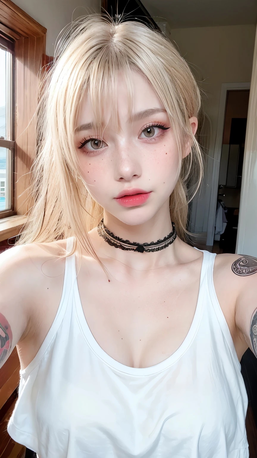 1 girl, Wink, blonde, freckles, Arm tattoo, Plain white t-shirt, choker, Natural light, Selfie
