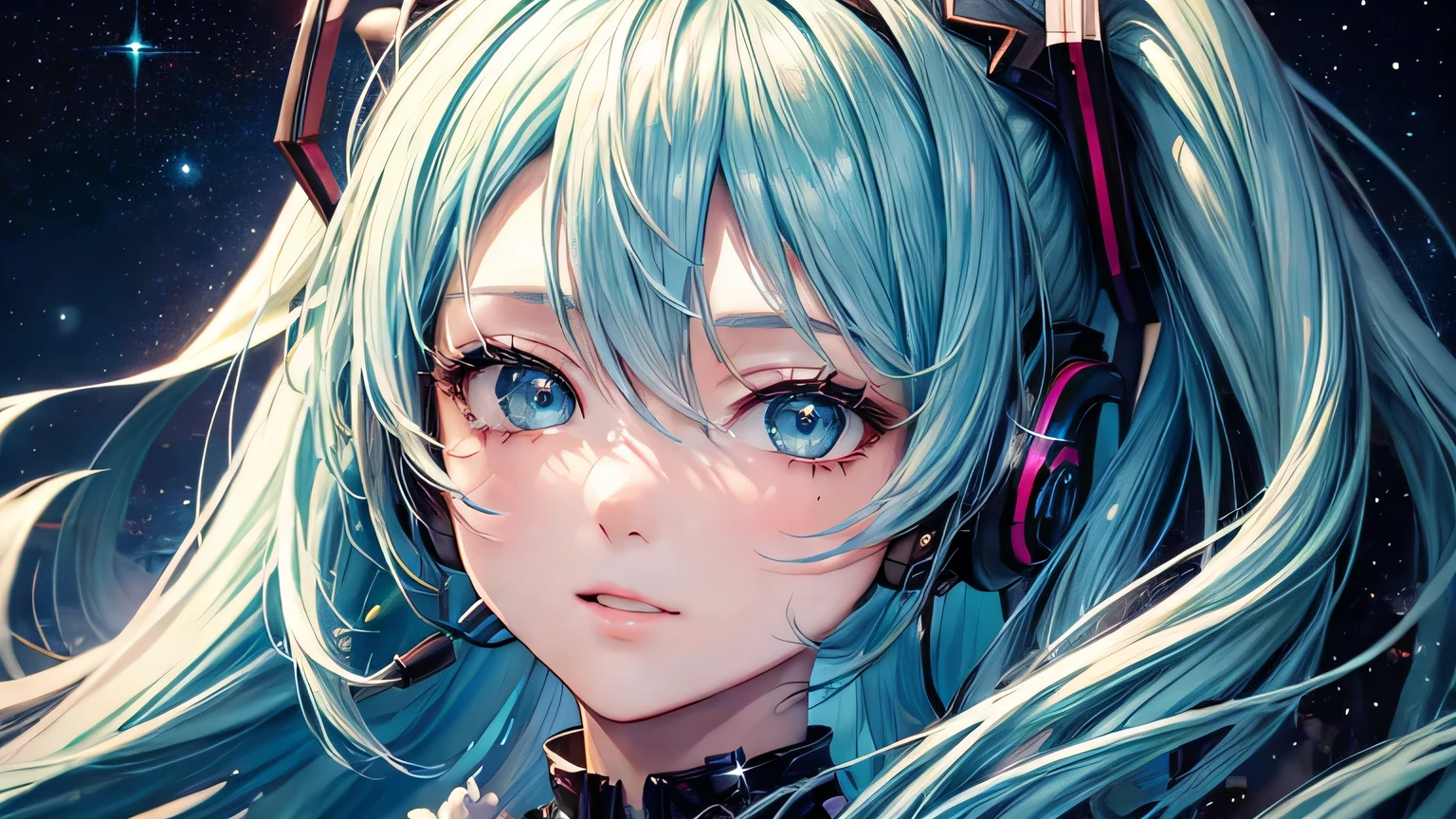 (oil, masterpiece, highest quality, Super detailed, Focus on the characters), Hatsune Miku，Headphones，Detailed facial expression depiction，Detailed hair depiction,([return:0.8]|[ face facing returnwards:1.1]), Super big breasts,([Night starry sky scenario:1.2]|[ ground:1.3]| [High Contrast:1.1])  