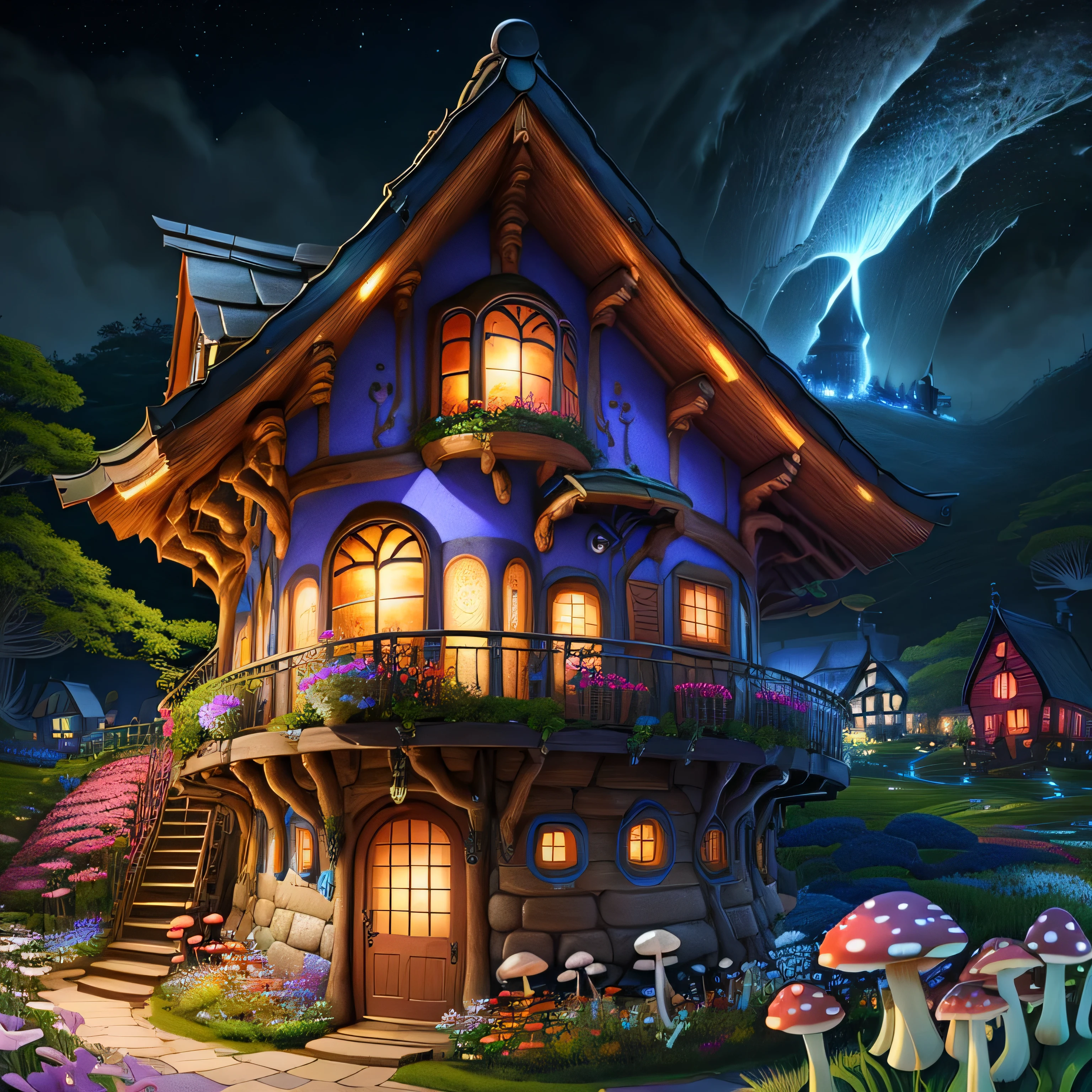 (Swirling colorful flowers), (Fantasy、Mushroom House), (Midnight),(Mysterious), it&#39;s raining、lightning、thunder、dream-like, paint:Thomas Kinkade, Art Station, Inspirational Wallpapers