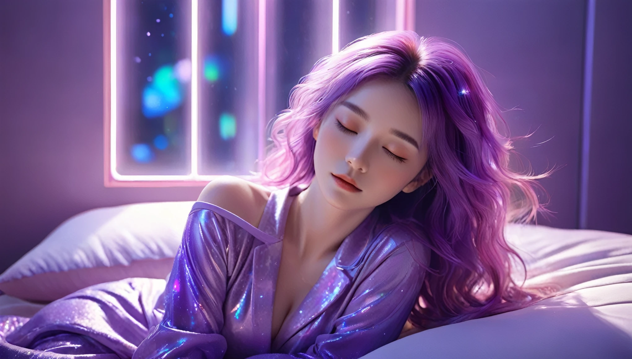 (best quality,8k,ultra-detailed:1.2),(CG,CG art,3D rendering),(masterpiece:1.2),（Purple pajamas），(movie lighting,futuristic),(woman lying in bed,sleeping,closed eyes),(large window behind her,tranquil night),(colorful hair:1.5)