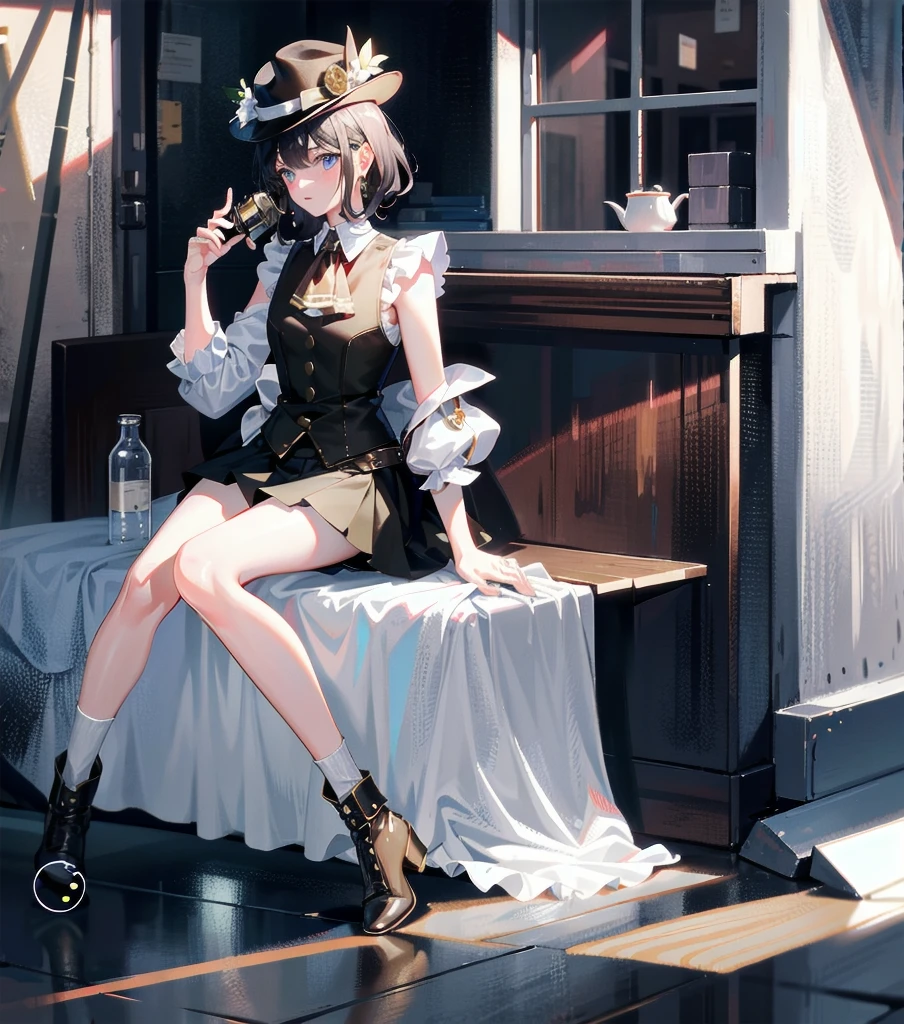 absurdres, RAW photo, extremely delicate and beautiful, masterpiece, Best Quality, ultra high resolution, 32k, hyperrealistic, ultra-detailed, detailed description, pale skin, 20 years old, detailed beautiful face and eyes, tearful mole, earring, Colossal tits, short medium hair, wavy hair, full body shot, alone, steampunk fashion, waistcoat, blouse, hat, boots, short skirt, bare shoulder,