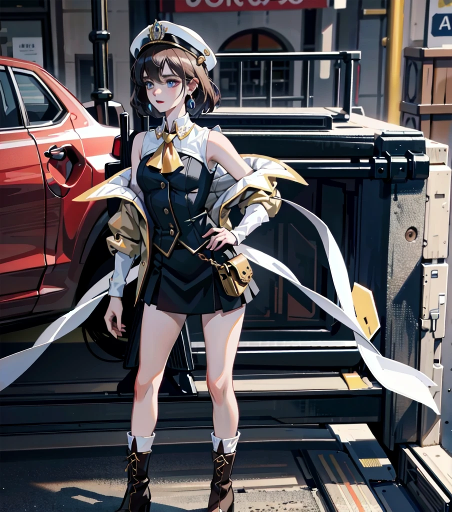 absurdres, RAW photo, extremely delicate and beautiful, masterpiece, Best Quality, ultra high resolution, 32k, hyperrealistic, ultra-detailed, detailed description, pale skin, 20 years old, detailed beautiful face and eyes, tearful mole, earring, Colossal tits, short medium hair, wavy hair, full body shot, alone, steampunk fashion, waistcoat, blouse, hat, boots, short skirt, bare shoulder,