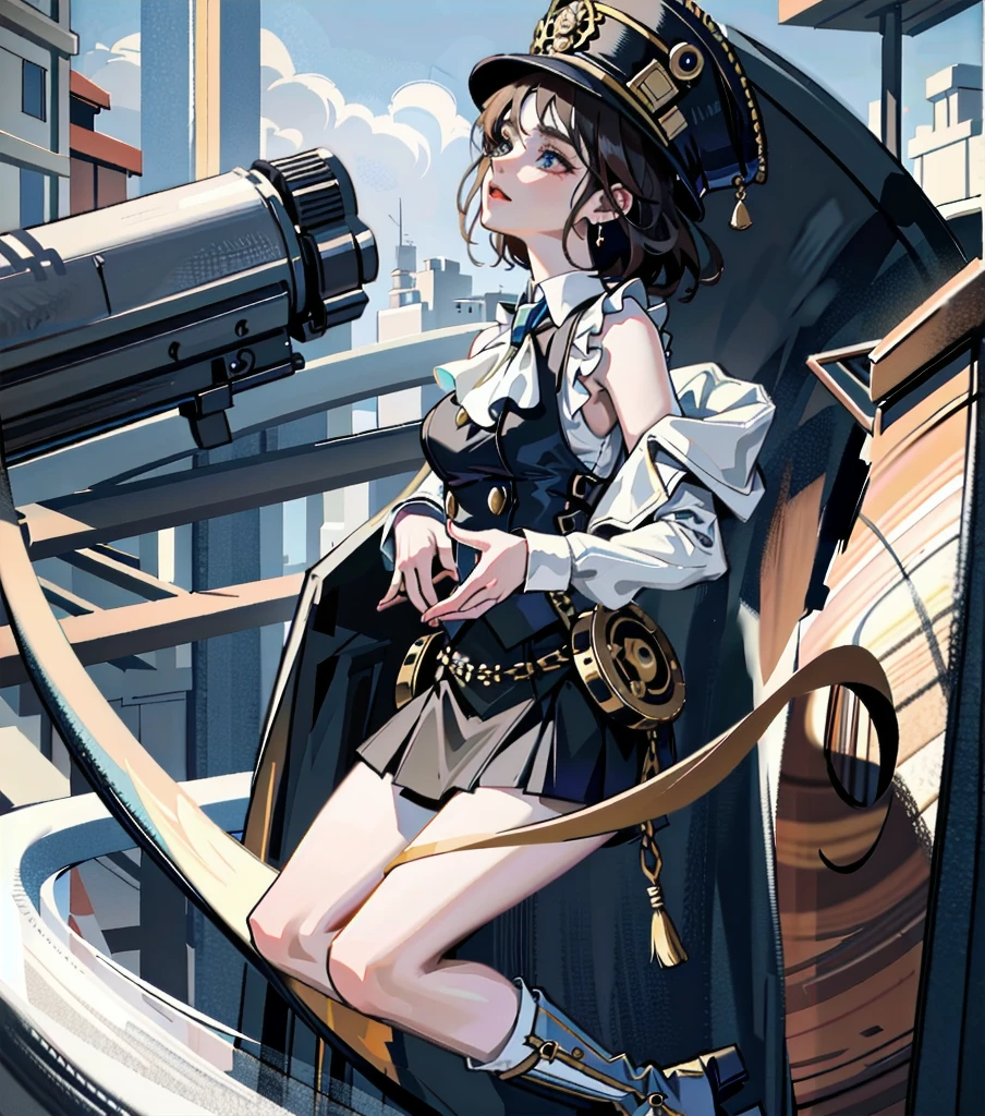 absurdres, RAW photo, extremely delicate and beautiful, masterpiece, Best Quality, ultra high resolution, 32k, hyperrealistic, ultra-detailed, detailed description, pale skin, 20 years old, detailed beautiful face and eyes, tearful mole, earring, Colossal tits, short medium hair, wavy hair, full body shot, alone, steampunk fashion, waistcoat, blouse, hat, boots, short skirt, bare shoulder,