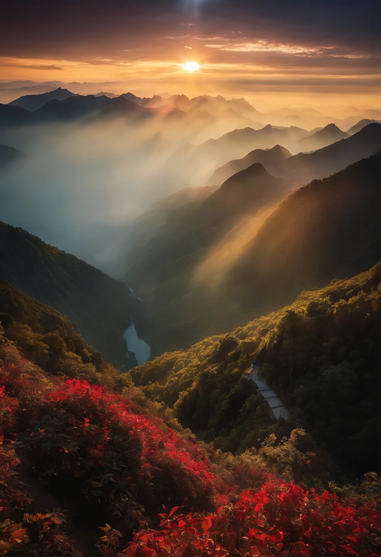 Sun rays,Sea of Clouds Mountains,Drink,splendor,landscape,China is big,fairy tale,Lighting Effects,Dreamy and magical