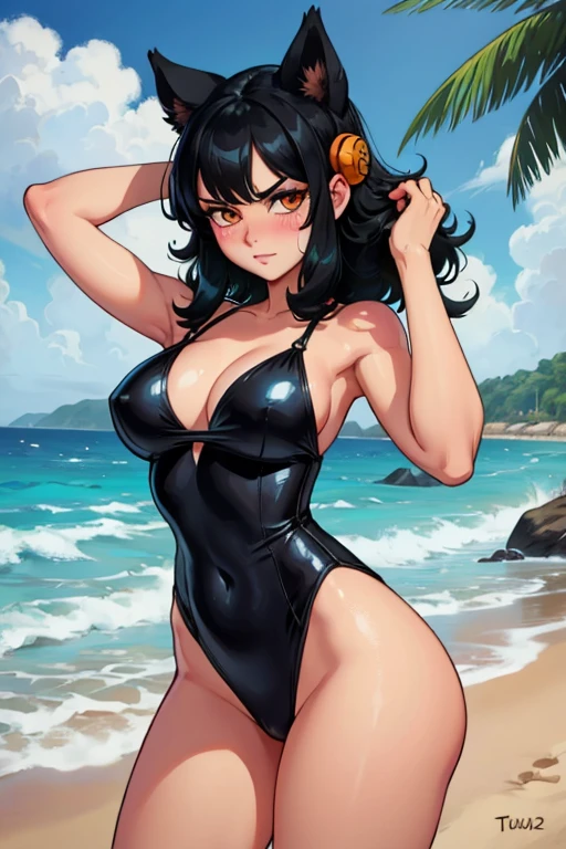 A black haired woman with orange eyes in a cute one piece is tucking a piece of hair behind her ears with a  blush at the beach