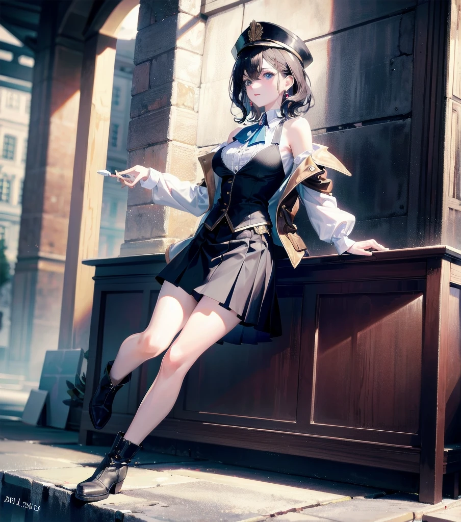 absurdres, RAW photo, extremely delicate and beautiful, masterpiece, Best Quality, ultra high resolution, 32k, hyperrealistic, ultra-detailed, detailed description, pale skin, 20 years old, detailed beautiful face and eyes, tearful mole, earring, Colossal tits, short medium hair, wavy hair, full body shot, alone, steampunk fashion, waistcoat, blouse, hat, boots, short skirt, bare shoulder,