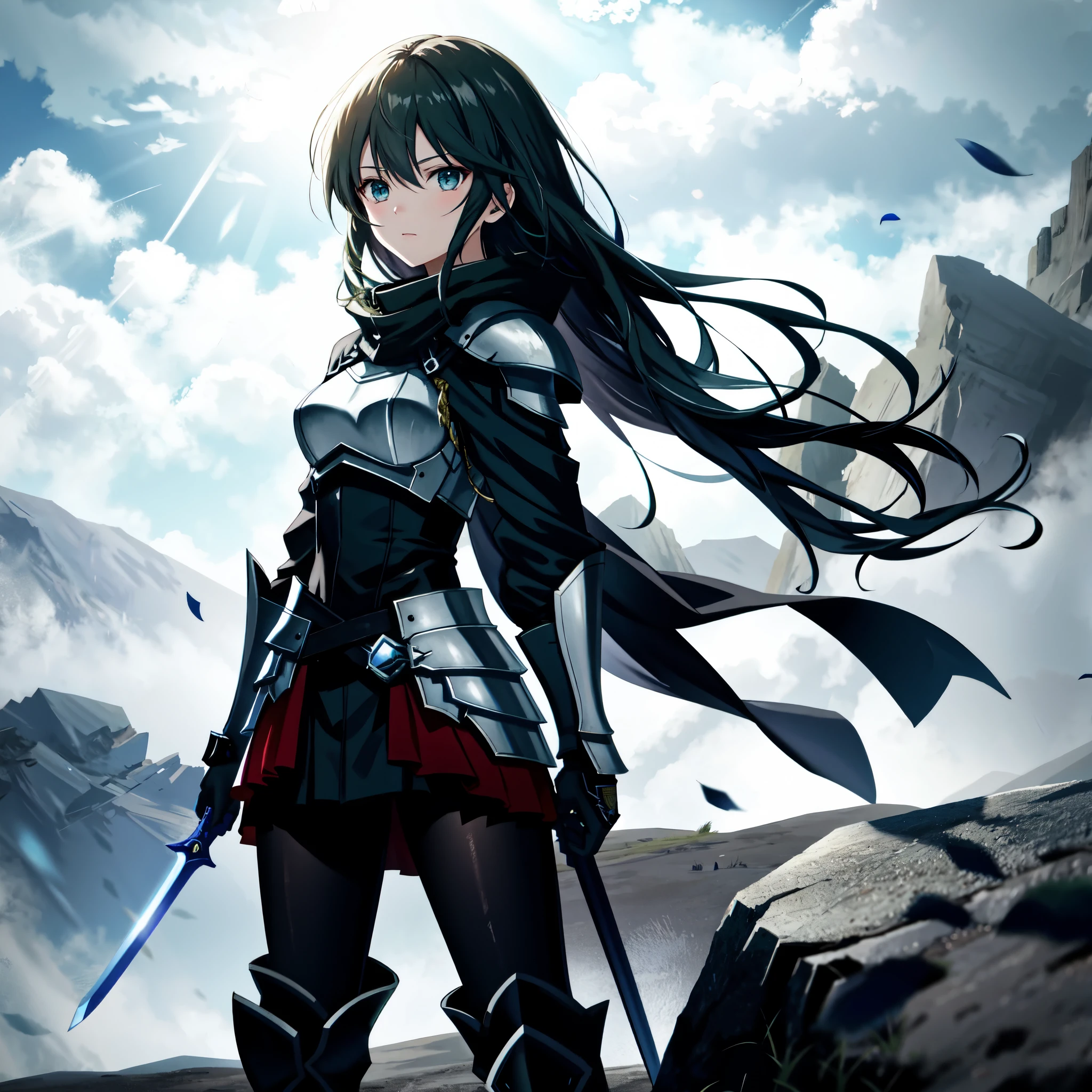 "A young warrior, standing in the midst of a storm on a desolate battlefield. BRAKE Her armor is battered and worn, but her spirit remains unbroken. BRAKE She holds her sword high, ready to face the challenges that lie ahead. BRAKE The wind whips around her, causing her cloak to billow out behind her. BRAKE The sky above is dark and ominous, reflecting the dire situation. BRAKE Despite this, the warrior's eyes are filled with determination and resolve. BRAKE This image should be in a detailed and realistic style, with a focus on the interplay of light and shadow. BRAKE The overall mood of the image should be one of resilience and defiance in the face of adversity."

- **Style**: The illustration should be in a detailed anime style, blending elements of moe art with a touch of photorealism to highlight the futuristic aspects of her design. **BRAKE**
- **Image Quality**: The artwork should be rendered in 4K resolution, ensuring that every detail, from the texture of her armor to the reflections in her eyes, is captured with utmost clarity. 
