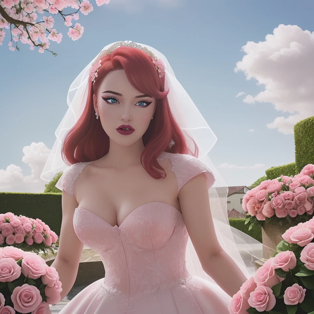 Wedding day, dreamy garden of pink flowers, bride red hair, heavy makeup, eyelashes, red lipstick, crystal blue eyes, high detail wedding dress, sexy breasts, pink damask roses garden background, sunny day, amazing sky, waiting for the groom