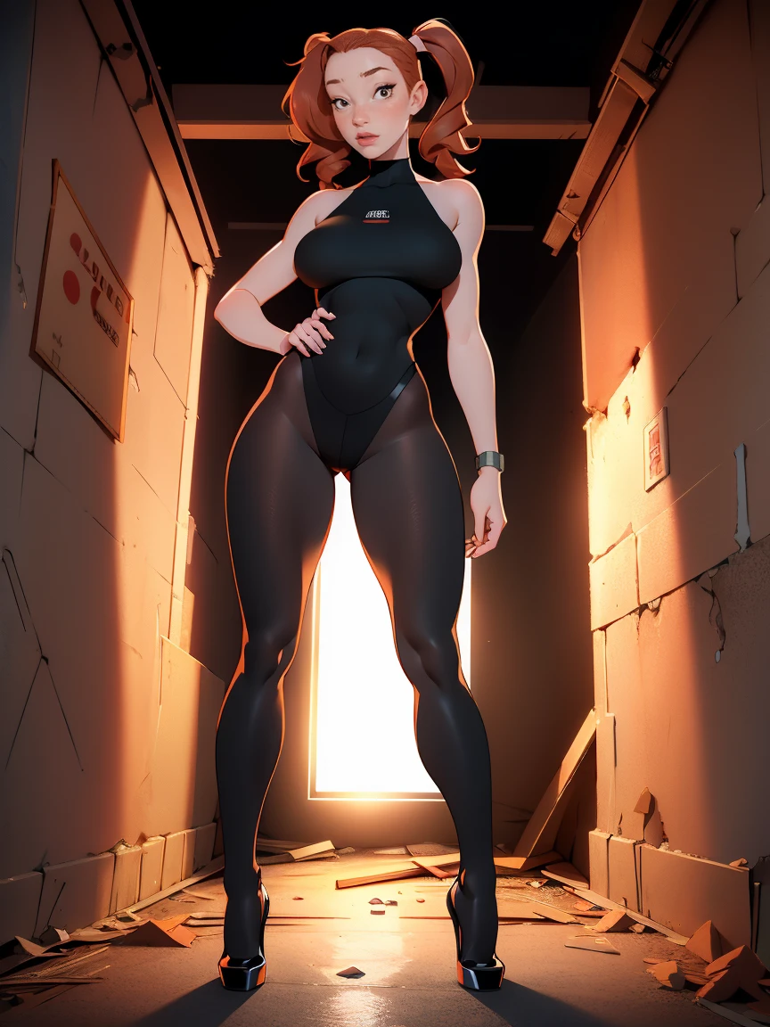 1girl, ginger, freckled face, face freckles, rosy, 1 girl, solo, full body view, tall, long legs, athletic body, pigtails haircut,pale skin,big bust, stand sesy pose, beautiful,low neckline, ((black tights)), top, black high heel shoes, ((in an old abandoned basement))
