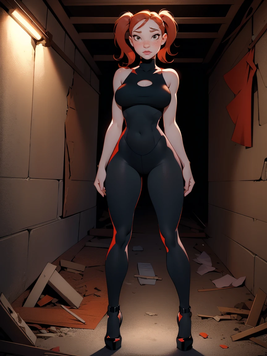 1girl, ginger, freckled face, face freckles, rosy, 1 girl, solo, full body view, tall, long legs, athletic body, pigtails haircut,pale skin,big bust, stand sesy pose, beautiful,low neckline, ((black tights)), top, black high heel shoes, ((in an old abandoned basement))
