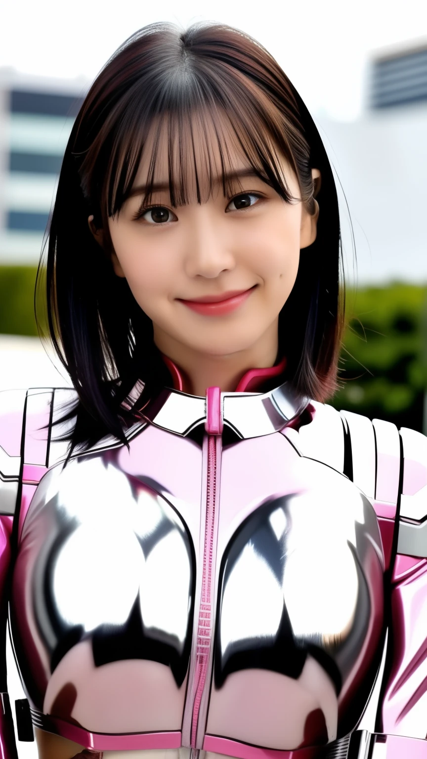 25 year old woman in a  pink and white shiny hero suit, highest quality, High resolution, 8k, One girl, ( :1.5), Day, bright, Training Gym, (bangs,Black Hair,Medium Hair), Beautifully detailed skies, Soft lighting, Wind, Shiny skin, View your viewers, smile