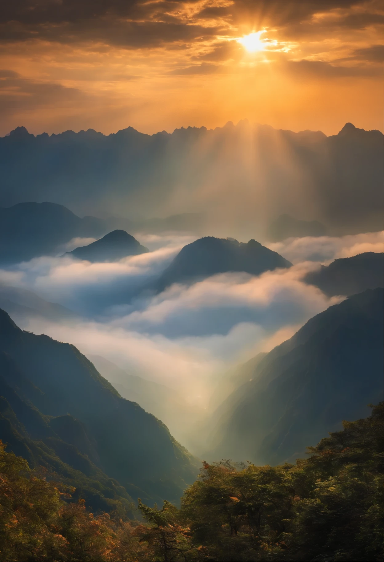 Sun rays,Sea of Clouds Mountains,Drink,splendor,landscape,China is big,fairy tale,Lighting Effects,Dreamy and magical
