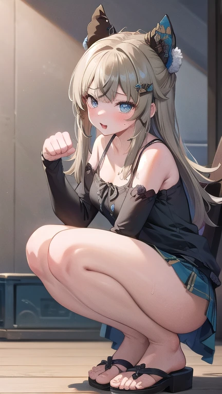 masterpiece,16k,8k,Delicate expression,highest quality,high resolution,High resolution,Sweat,1girl, paw pose,squatting,from front,Two black cat tails