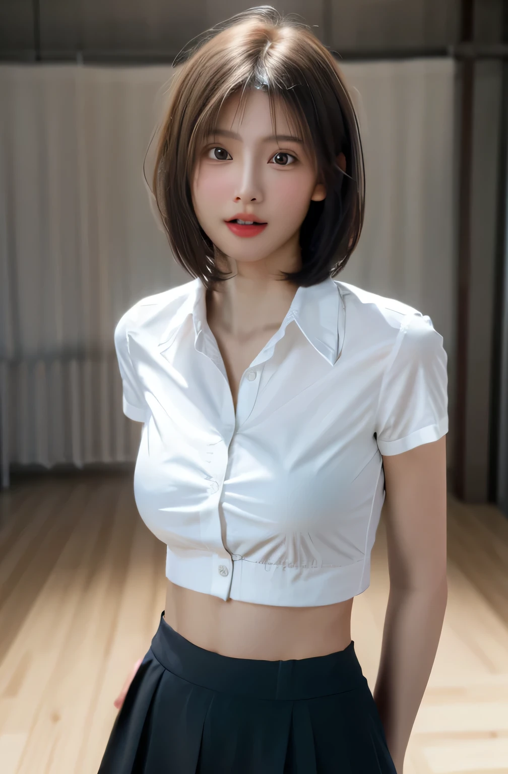 (8K, photoreal, raw photo, highest quality: 1.3), (1 girl), super beautiful, culotte skirt and white shirt, bra visible from the shirt (realistic face), (boyish, very short hair), beautiful , brilliance that captivates the viewer, beautiful facial expressions, beautiful breasts, (realistic skin), Be...