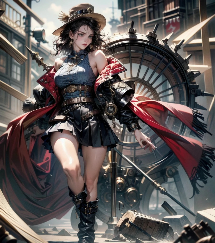 absurdres, RAW photo, extremely delicate and beautiful, masterpiece, Best Quality, ultra high resolution, 32k, hyperrealistic, ultra-detailed, detailed description, pale skin, 20 years old, detailed beautiful face and eyes, tearful mole, earring, Colossal tits, short medium hair, wavy hair, full body shot, alone, steampunk fashion, waistcoat, blouse, hat, boots, short skirt, bare shoulder,