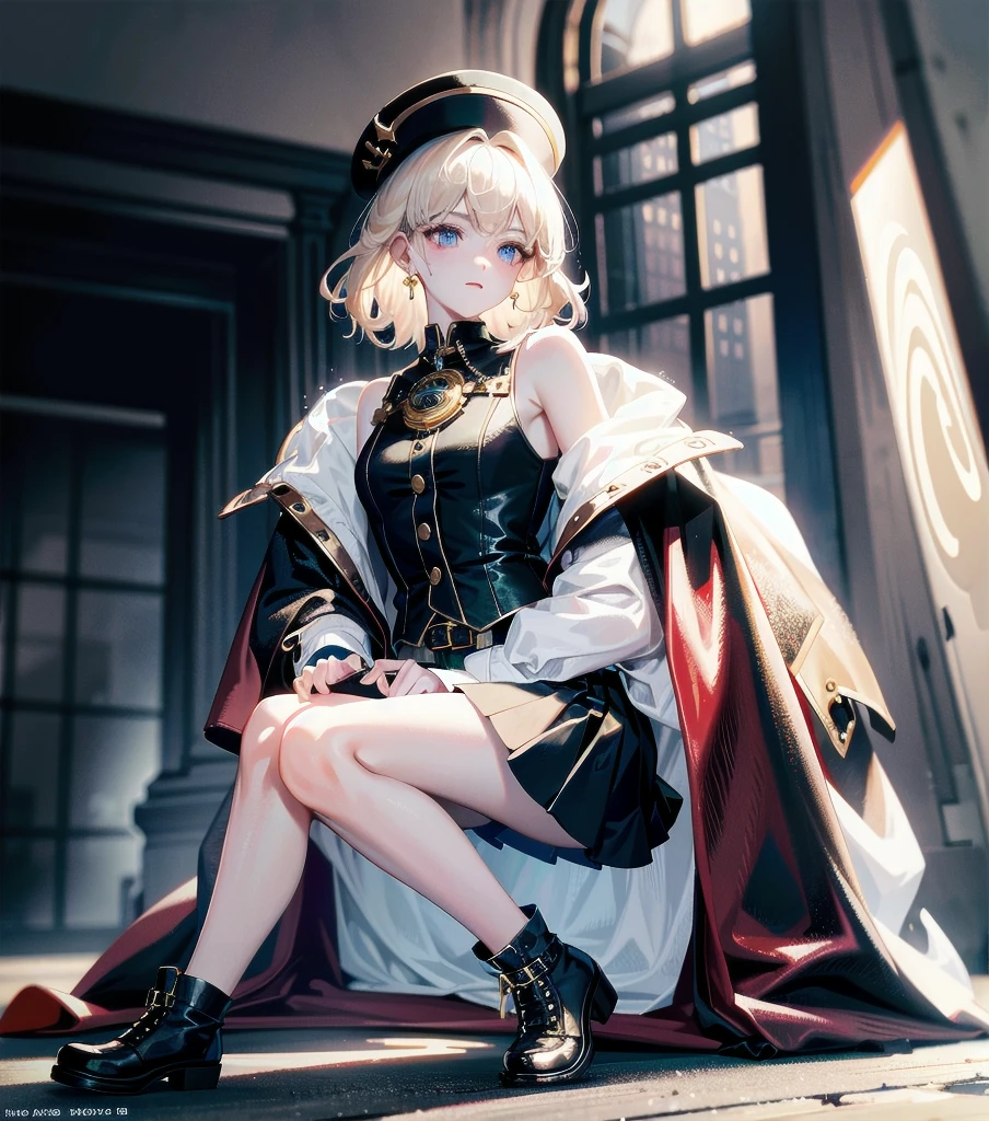 absurdres, RAW photo, extremely delicate and beautiful, masterpiece, Best Quality, ultra high resolution, 32k, hyperrealistic, ultra-detailed, detailed description, pale skin, 20 years old, detailed beautiful face and eyes, tearful mole, earring, Colossal tits, short medium hair, wavy hair, full body shot, alone, steampunk fashion, waistcoat, blouse, hat, boots, short skirt, bare shoulder,