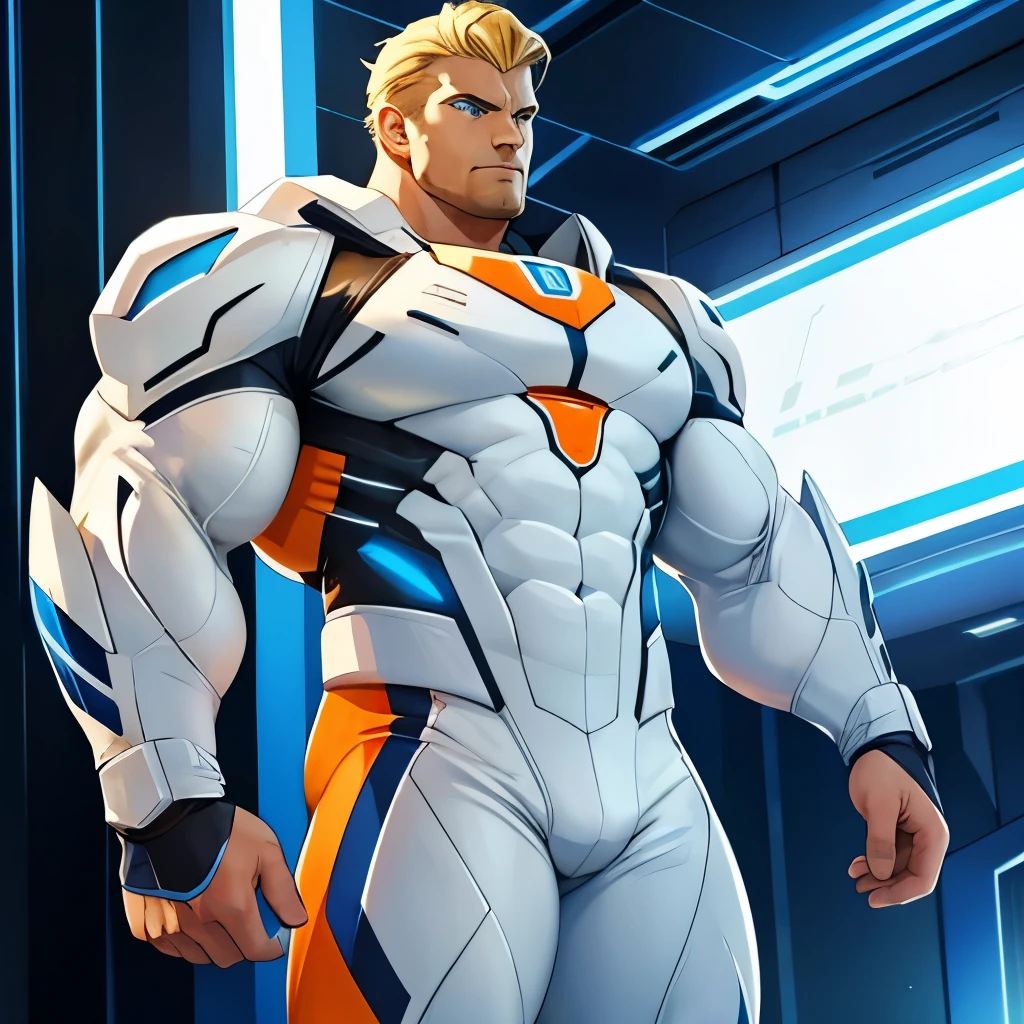 Big broad shouldered muscular man blond, Blue eyes, Huge torso, high growth, wide biceps, full height, in a white futuristic suit, orange stripes on suit
