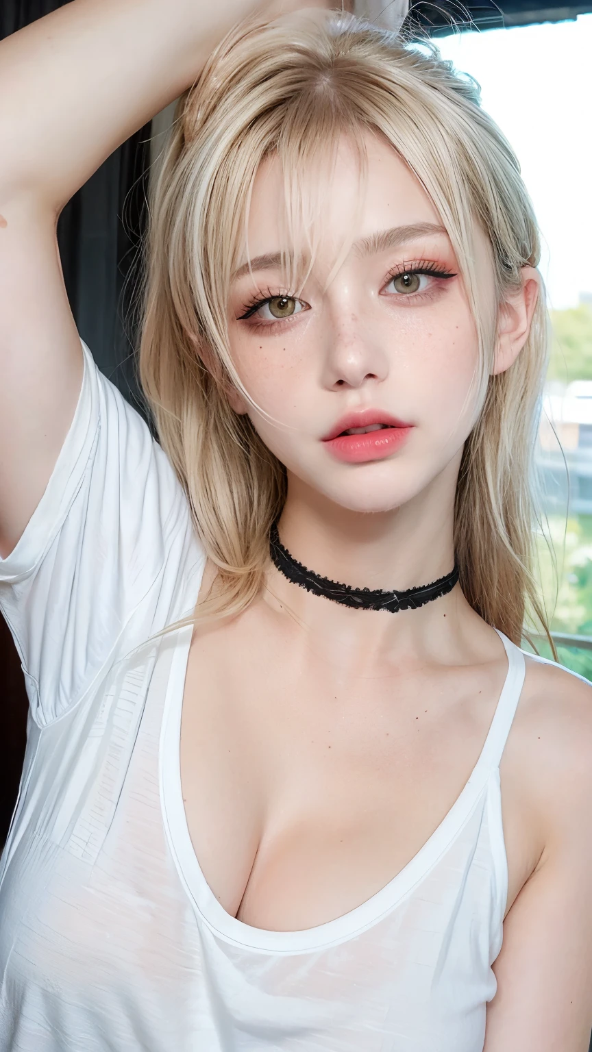 1 girl, Wink, blonde, freckles, Arm tattoo, Plain white t-shirt, choker, Natural light, Selfie