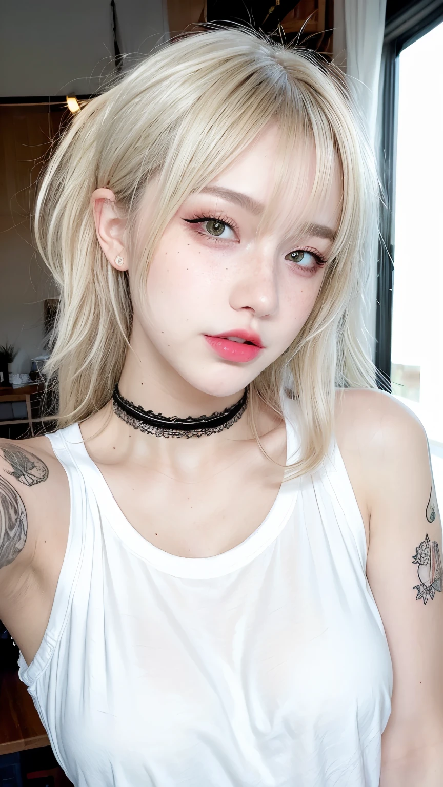 1 girl, Wink, blonde, freckles, Arm tattoo, Plain white t-shirt, choker, Natural light, Selfie