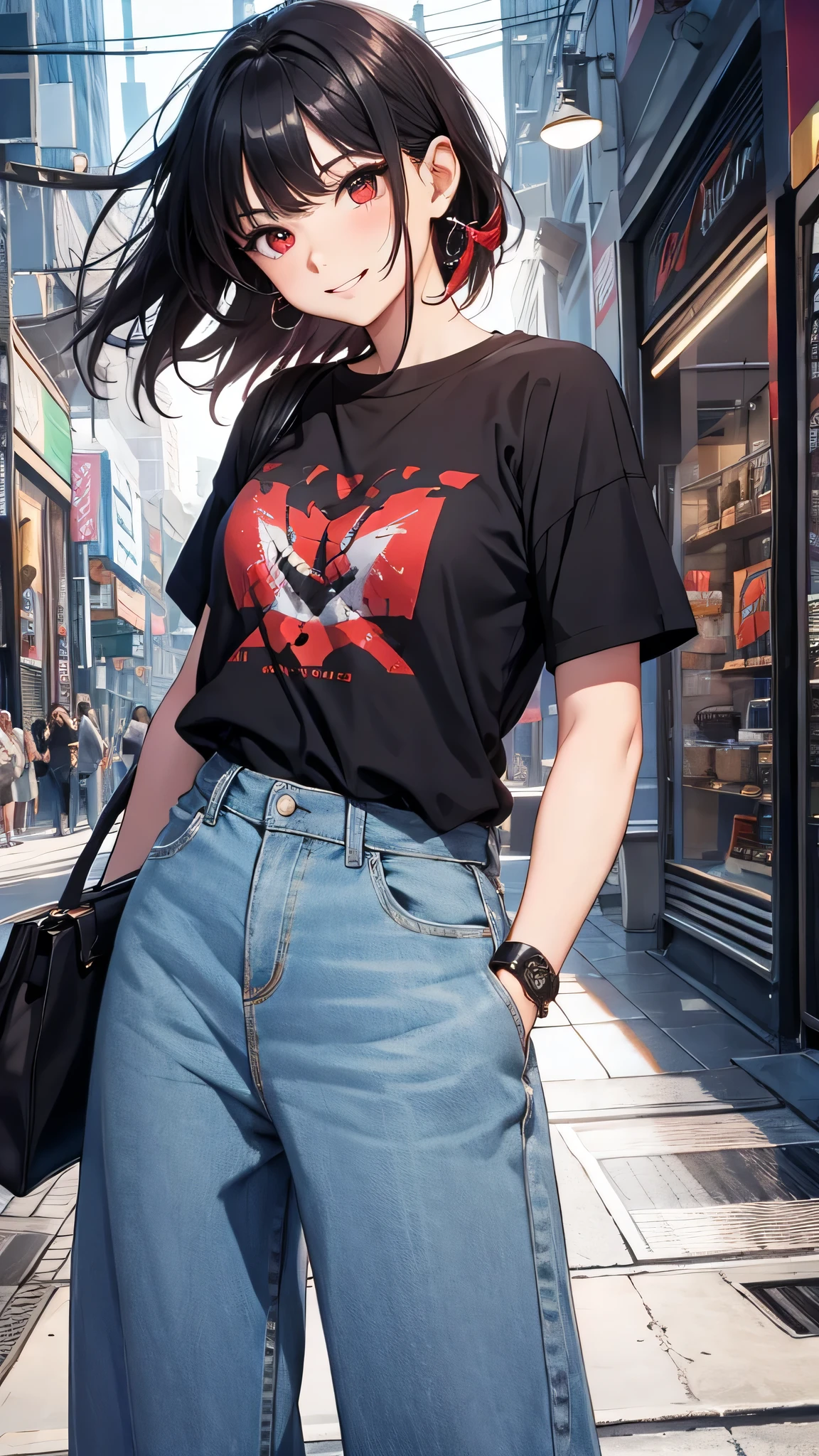 最high quality、Best image quality、masterpiece、girl((18-year-old、 By becoming、Best Bust、Medium Bust,Wide open breast tea、Red glowing eyes,Black Hair、Red Mesh、Disheveled Hair、Lointail、thin,The highest valley、Open chest、Luminous Wristbands、hair ornaments、Show the whole body,Black short sleeve T-shirt、Wear a shoulder bag、Short denim trousers、Leaning forward、smile、Disheveled,Hands on hips、turn around、Stretch your arms out in front of you)),high quality、Beautiful art、background((Large shopping malls))、Flight、Flying debris、Written boundary depth、movie、Visual Arts、Perfect art、8K,Genuine,