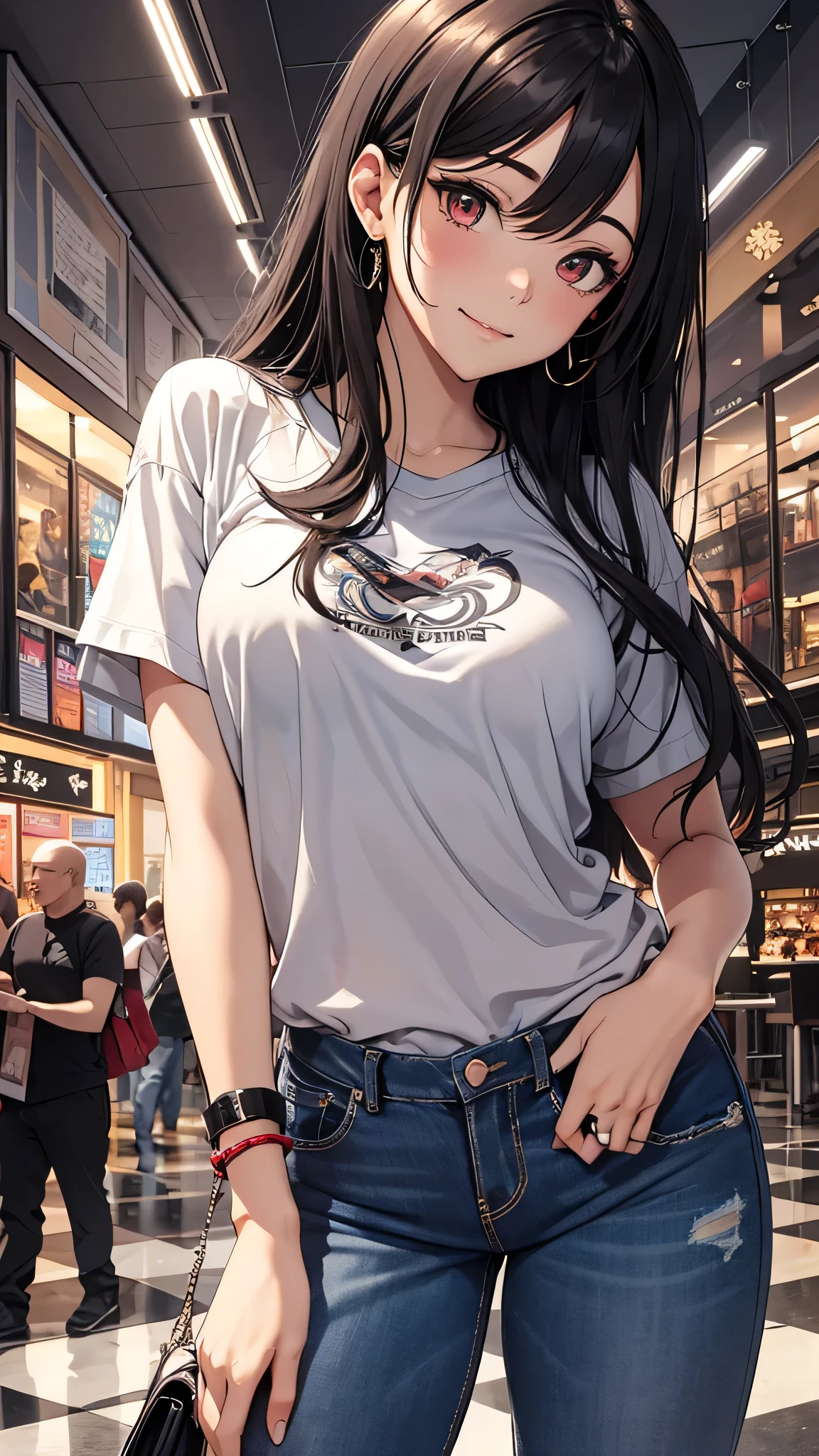 最high quality、Best image quality、masterpiece、girl((18-year-old、 By becoming、Best Bust、Medium Bust,Wide open breast tea、Red glowing eyes,Black Hair、Red Mesh、Disheveled Hair、Lointail、thin,The highest valley、Open chest、Luminous Wristbands、hair ornaments、Show the whole body,Black short sleeve T-shirt、Wear a shoulder bag、Short denim trousers、Leaning forward、smile、Disheveled,Hands on hips、turn around、Stretch your arms out in front of you)),high quality、Beautiful art、background((Large shopping malls))、Flight、Flying debris、Written boundary depth、movie、Visual Arts、Perfect art、8K,Genuine,