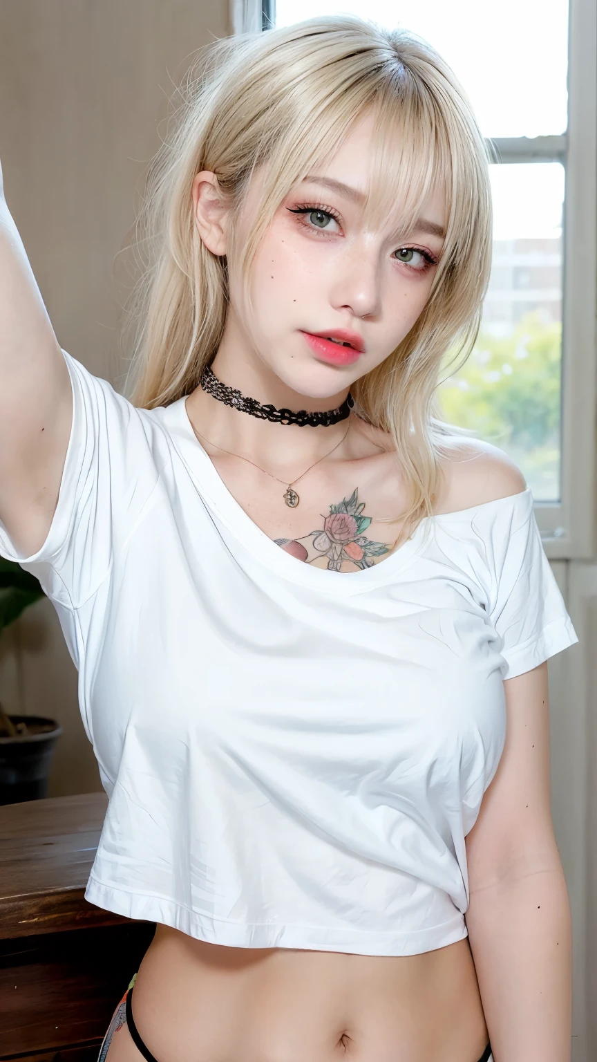 1 girl, Wink, blonde, freckles, Arm tattoo, Plain white t-shirt, choker, Natural light, Selfie