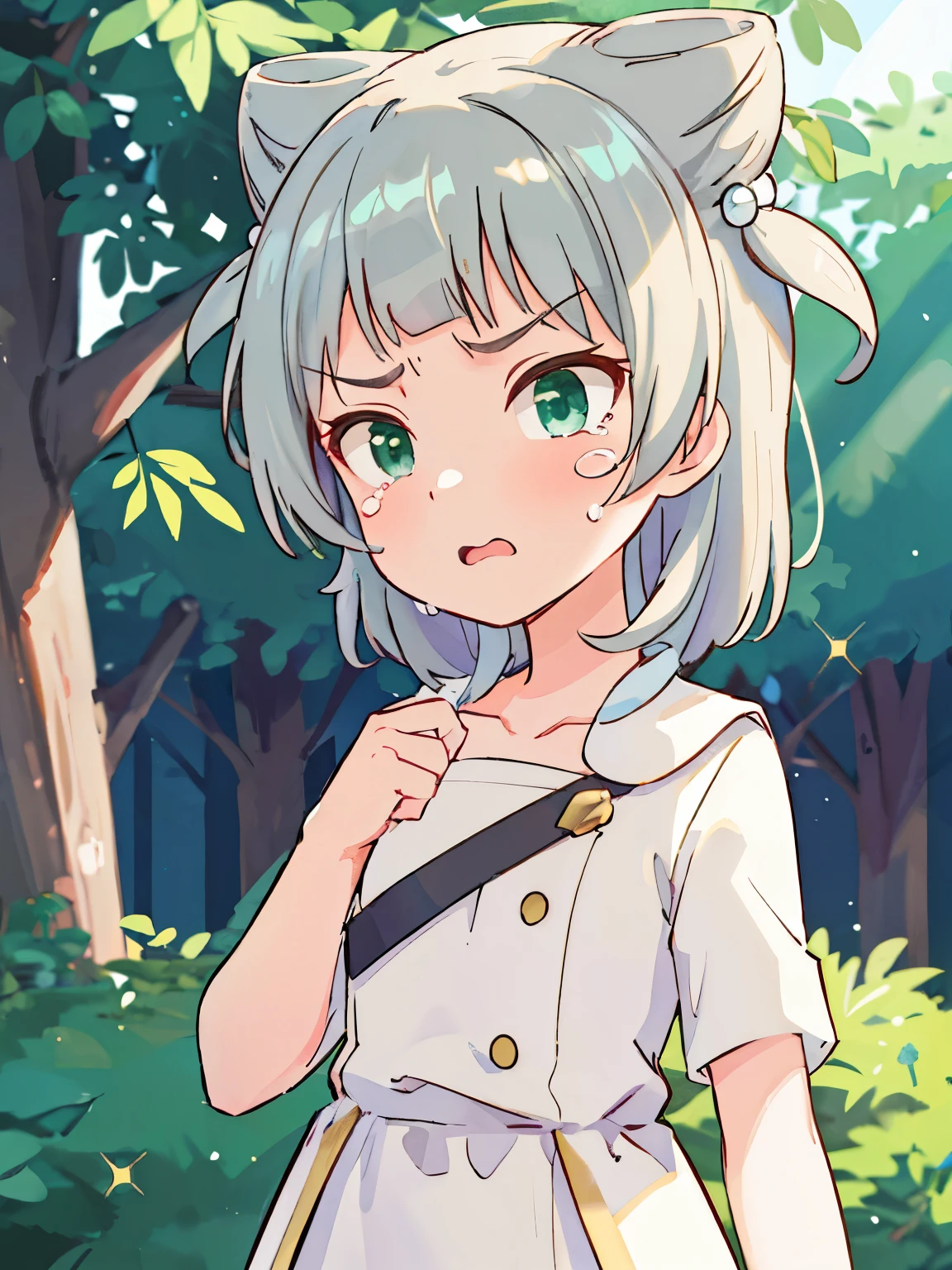 highest quality, (masterpiece:1.2), Very detailed, (masterpiece), (figure), Outdoor, (face focus:1.2), face, Upper Body,Stay, Mourning clothes, clavicle,One girl,Are crying,手でfaceを隠す, alone, Green Eyes, Grey Hair, hair ornaments, bangs, Virtual YouTuber, Shine, blunt bangs, Double good, Animal ears, Lens flare, Flat Chest,evening,Angry,Green Hill,Open your mouth