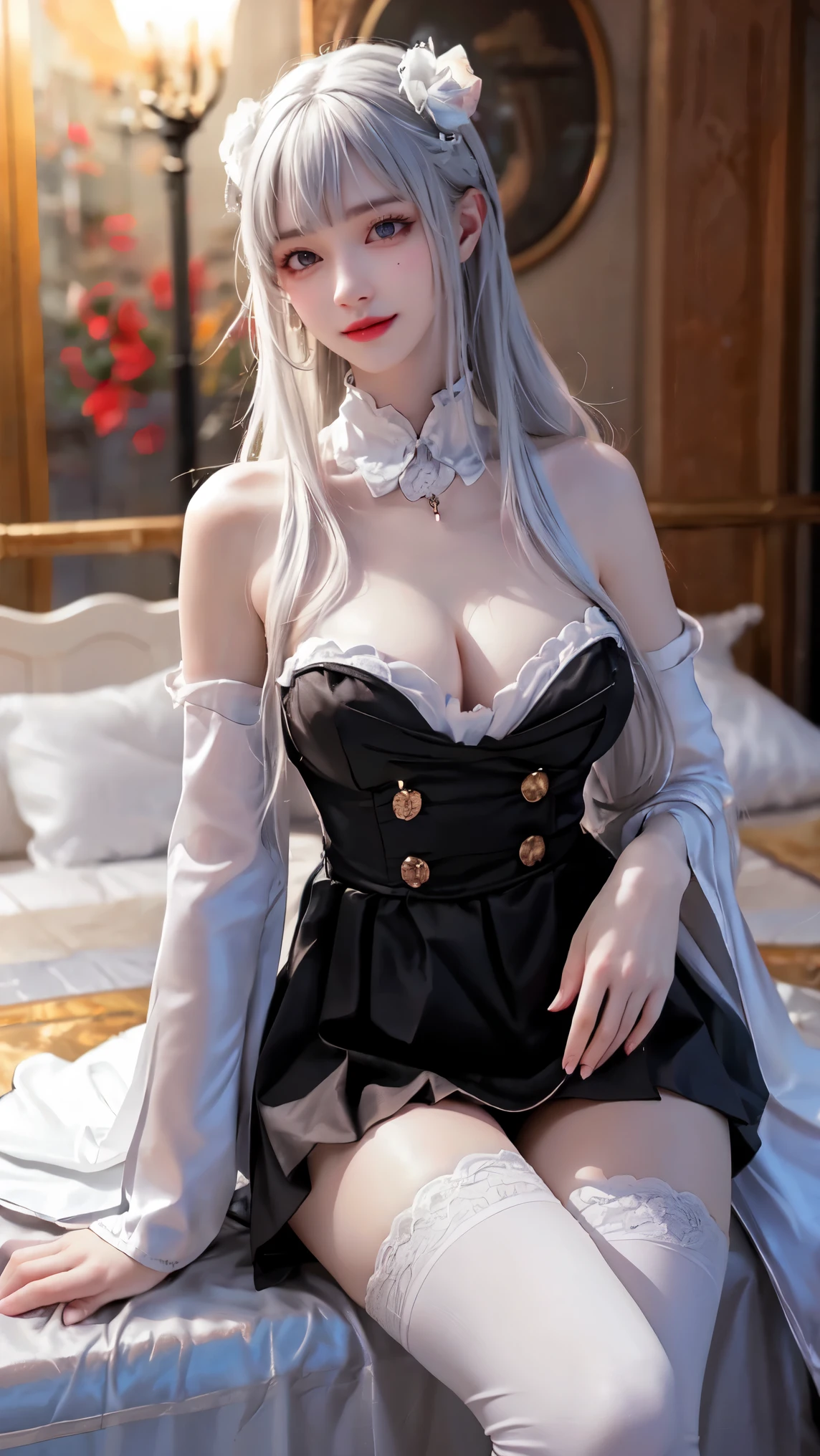 1gir,emilia,emiria,silver hair,dress,thighhighs, ((Yushuxin,1 Girl,Solitary)), Warm colors, Atmosphere, 4K, masterpiece, high resolution, ridiculous, Bare shoulders, Sexy long legs, on the bed, Strike a pose, Brown Wavy Hair, lust, eyes, Shy, Pure Desire, Tempting, Sexy pose, Big breasts, Very detailed face, Light and delicate makeup, Charm and sophistication, Attractive posture, beauty, grace, lifelike, Very detailed, amazing, beauty的, Young and energetic, Charming model
