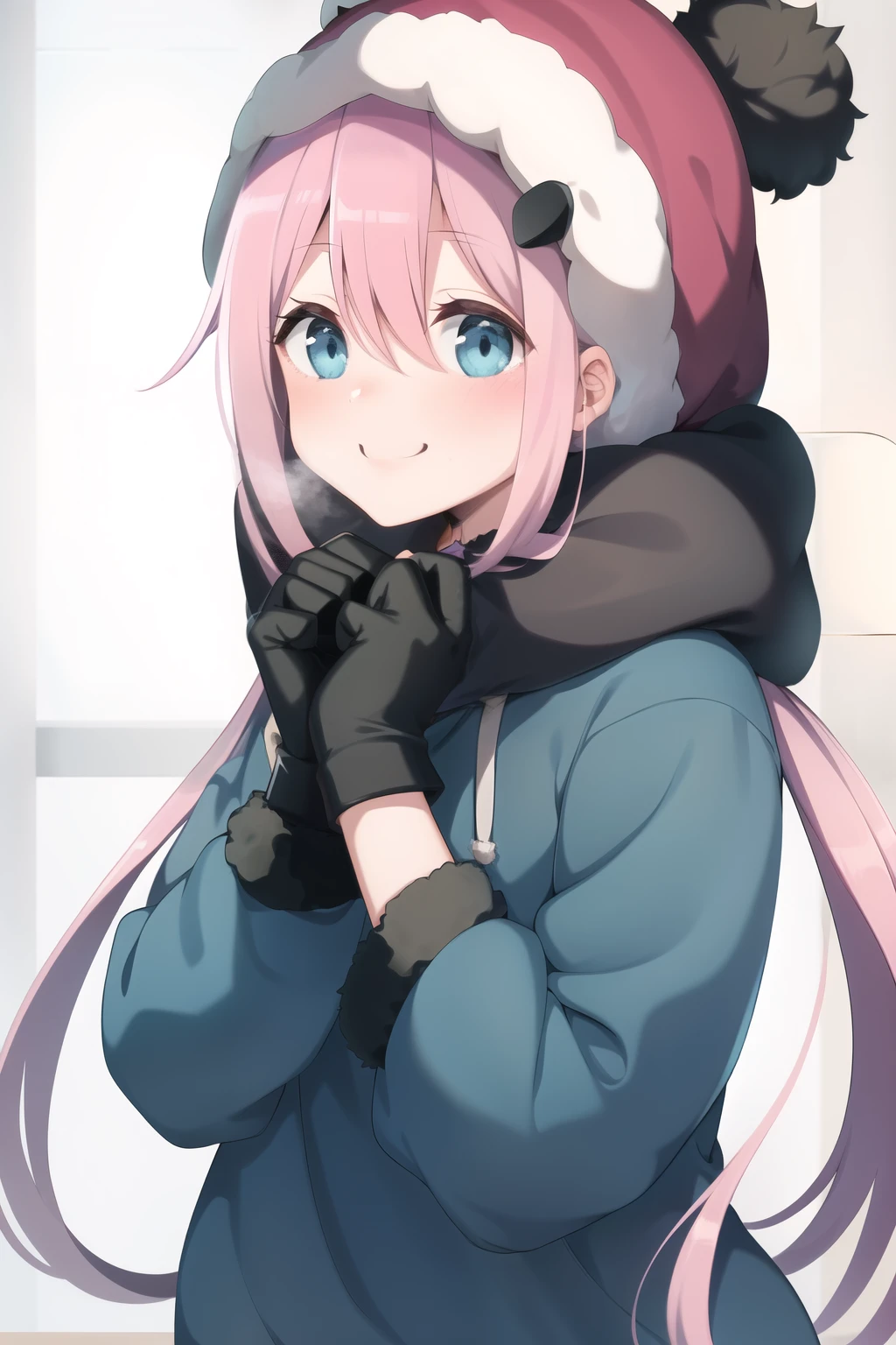 upper body, nade,  in a pink hoodie looking cold 1girl, solo, s, blue eyes, long hair, low twintails, hair between eyes, looking at viewer, , smile, blush, simple background,   Faux Fur Winter Bonnets Thick Earflap   black Fingerless Gloves