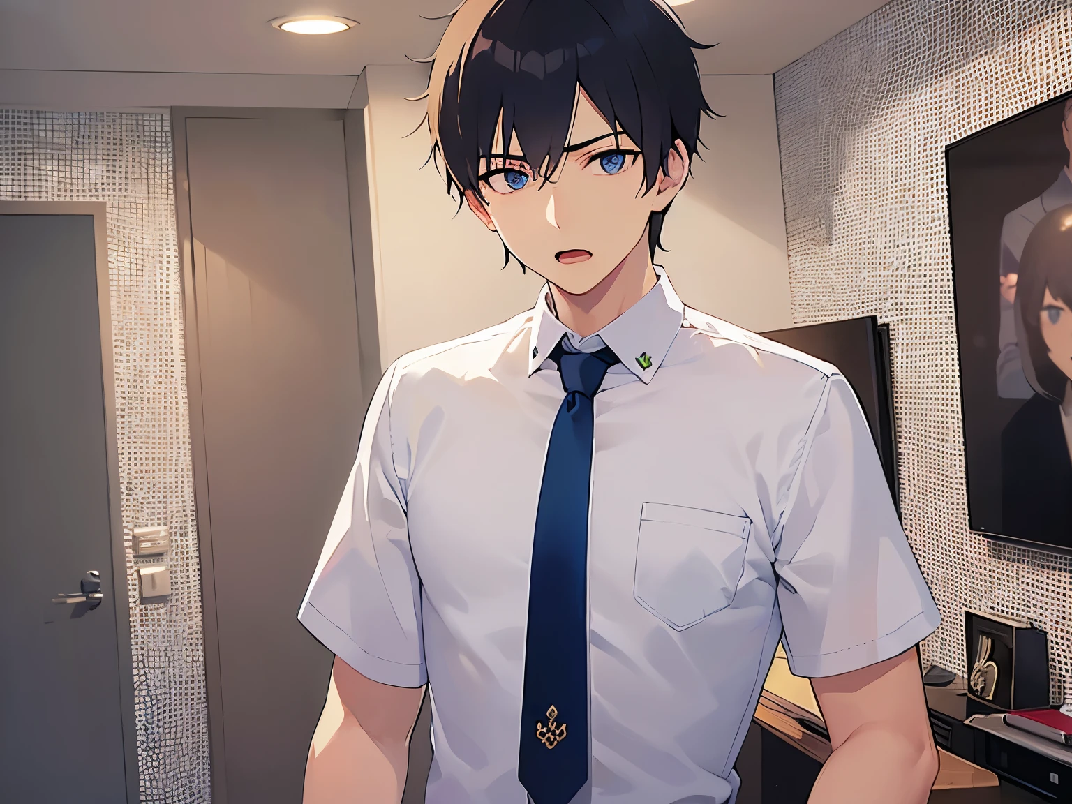 masterpiece、highest quality、(25-year-old male:1.5) and (Black short hair) and (blue eyes), (White collared shirt) and (Blue tie)、Are standing、furious, opne mouth, Background in a hotel room、(Alone:1.5)
