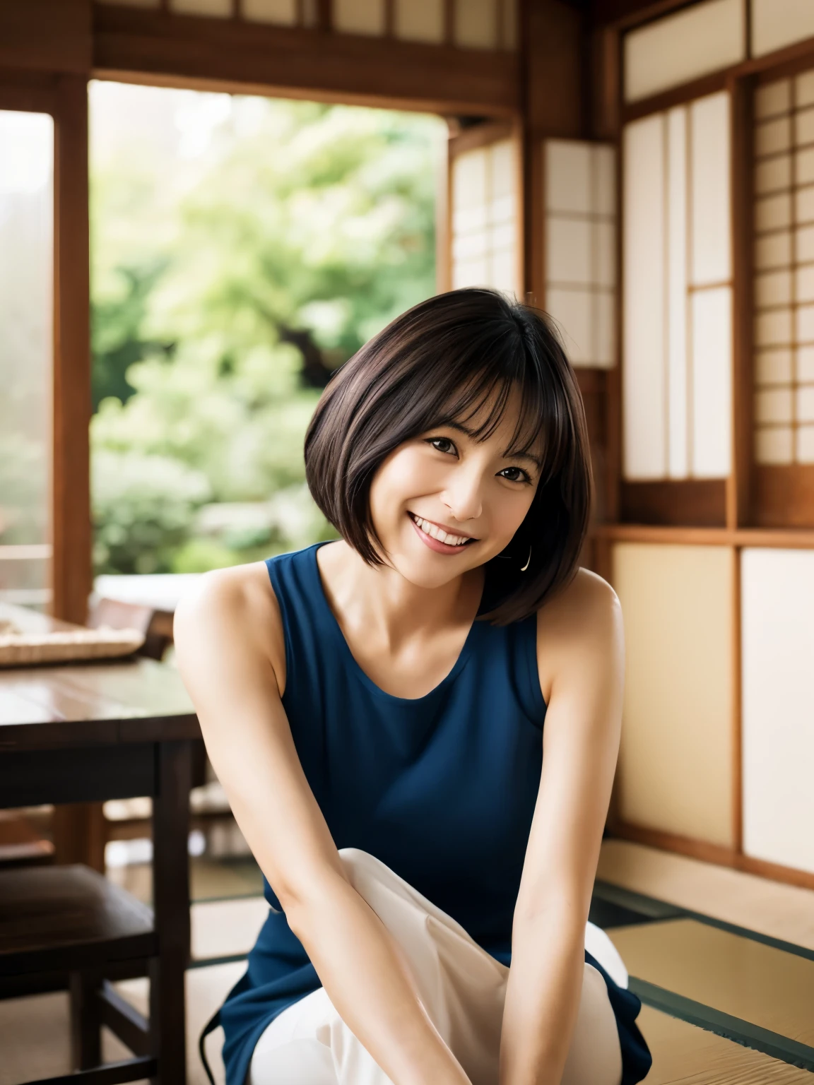 Portrait、8k、high quality、Realistic Photographic Images、39 years old、Japanese women、Neat and clean wife、housewife、Natural and realistic eyes、Japan Person Stand、、Beautiful black hair、short hair、(Straight Hair)、light makeup、Octane Rendering、Beautiful lighting、Golden ratio composition、Laughter、Casual wear、Casual clothing、Natural background、Blurred Background、4K、high resolution、Realistic Photographic Images、Japanese women、Age 37、A purely Japanese personality、Beautiful wife、Upper body、Mid-breasted、light makeup、Sappin'、Pure beauty、Mature Woman、Dress casually、gray、beige、green、Casual clothing、smile、Black-haired、Small black eyes、Background blur
