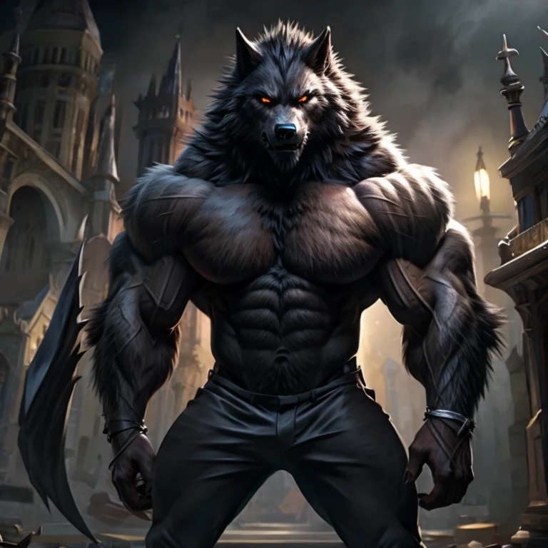 Immerse yourself in the world of a cinematic oil painting (1.1) that brings to life a handsome werewolf guardian (0.8) emerging from a big, misty dark ink splash. The silver and golden paint splashes add depth and dimension to the dynamic lighting, making this high resolution (8k) rendering a true work of art. With clear silver accents and intricate details, this piece is sure to captivate.