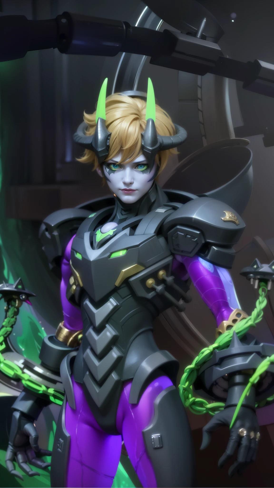 a close up of a person in a purple and green outfit, Masterpiece, ultra HD, detailed all picture, a close up of a devil, dyrroth from mobile legend, evil, extremely detailed artgerm, mobile legends character, inspired by Dyrroth, Six pack chest and abs, black jewel above the chest, light green eyes.