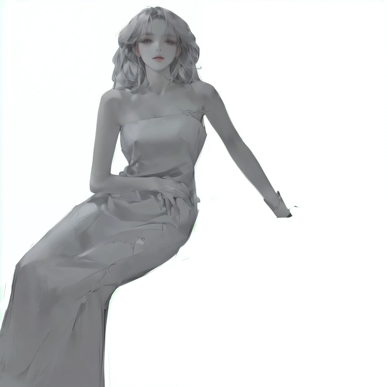 Close-up of a woman in a dress sitting on a chair, Sitting position, Comfortable pose, 3 / 4 Installation, Neutral posture, Thinking position, Hands behind her body!, Relaxed posture, Full grayscale painting, Mostly in gray tones., seductive pose, doing a graceful pose, doing a graceful pose over you, Perfect body, realistic gray color, Whole body pose