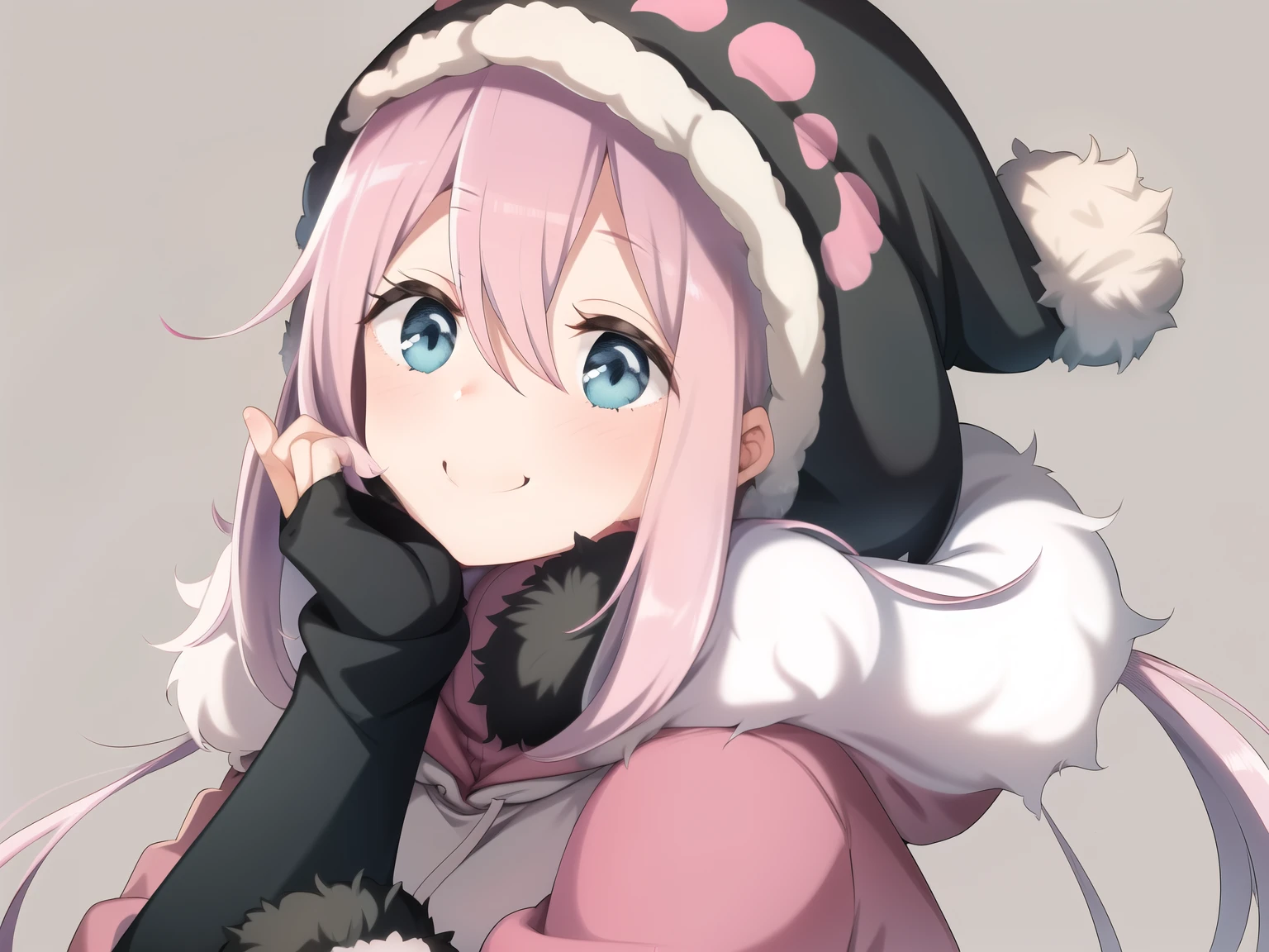 upper body, nade,  in a pink hoodie looking cold 1girl, solo, s, blue eyes, long hair, low twintails, hair between eyes, looking at viewer, , smile, blush, simple background,   Faux Fur Winter Bonnets Thick Earflap   black Fingerless Gloves