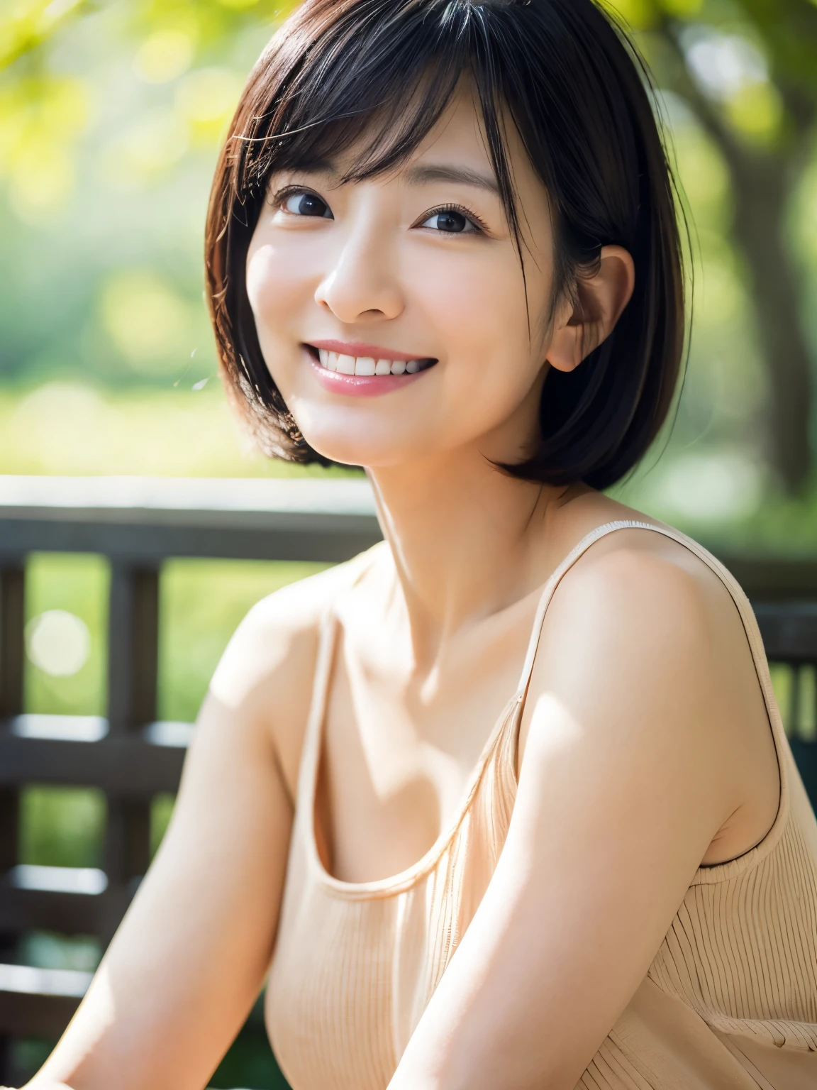 Portrait、8k、high quality、Realistic Photographic Images、39 years old、Japanese women、Neat and clean wife、housewife、Natural and realistic eyes、Japan Person Stand、、Beautiful black hair、short hair、(Straight Hair)、light makeup、Octane Rendering、Beautiful lighting、Golden ratio composition、Laughter、Casual wear、Casual clothing、Natural background、Blurred Background、4K、high resolution、Realistic Photographic Images、Japanese women、Age 37、A purely Japanese personality、Beautiful wife、Upper body、Mid-breasted、light makeup、Sappin'、Pure beauty、Mature Woman、Dress casually、gray、beige、green、Casual clothing、smile、Black-haired、Small black eyes、Background blur