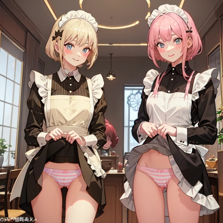 highest quality、masterpiece、((2 women))、((smile:1.3))、(blush:1.3)、Black Shirt、blouse、((fun!!))、(Small breasts)、(Blonde:1.3)、、(Long sleeve)、((White apron:1.5))、((Maid))、((hair ornaments)),、Kamimei、look at me、 ((in house:1.5))、 Taking a break from watching the audience、Cowboy Shot、(Skirt lift:1.3),(Highly detailed pink striped panties:1.3)、(Highly detailed panties:1.3)、、(スカート that rolls up:1.3)、(Panties fully exposed:1.5)、Light blue eyes、long hair、Glowing Eyes