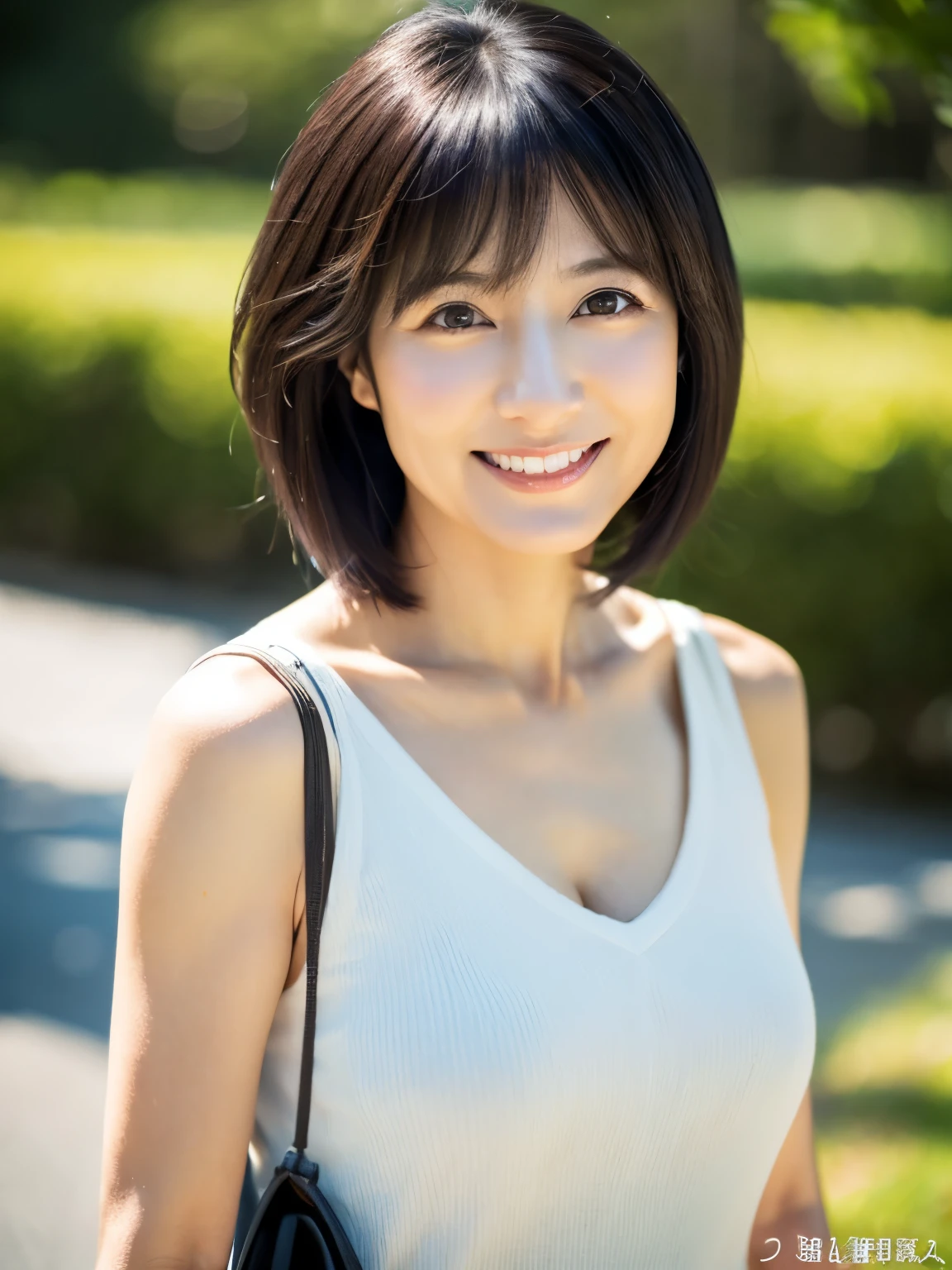 Portrait、8k、high quality、Realistic Photographic Images、39 years old、Japanese women、Neat and clean wife、housewife、Natural and realistic eyes、Japan Person Stand、、Beautiful black hair、short hair、(Straight Hair)、light makeup、Octane Rendering、Beautiful lighting、Golden ratio composition、Laughter、Casual wear、Casual clothing、Natural background、Blurred Background、4K、high resolution、Realistic Photographic Images、Japanese women、Age 37、A purely Japanese personality、Beautiful wife、Upper body、Mid-breasted、light makeup、Sappin'、Pure beauty、Mature Woman、Dress casually、gray、beige、green、Casual clothing、smile、Black-haired、Small black eyes、Background blur