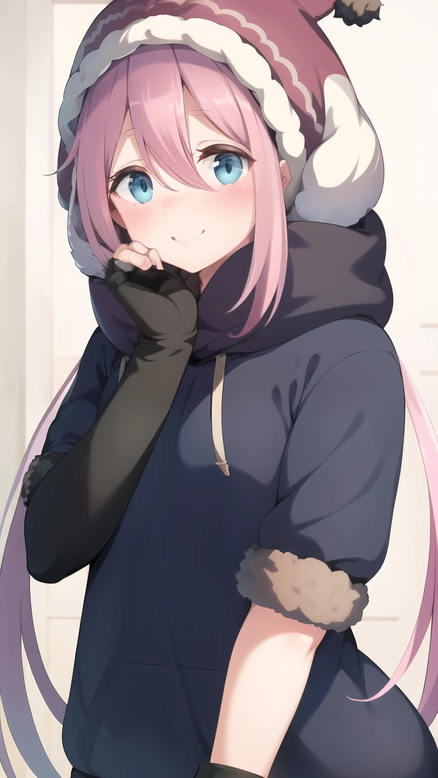 upper body, nade,  in a pink hoodie looking cold 1girl, solo, s, blue eyes, long hair, low twintails, hair between eyes, looking at viewer, , smile, blush, simple background,   Faux Fur Winter Bonnets Thick Earflap   black Fingerless Gloves