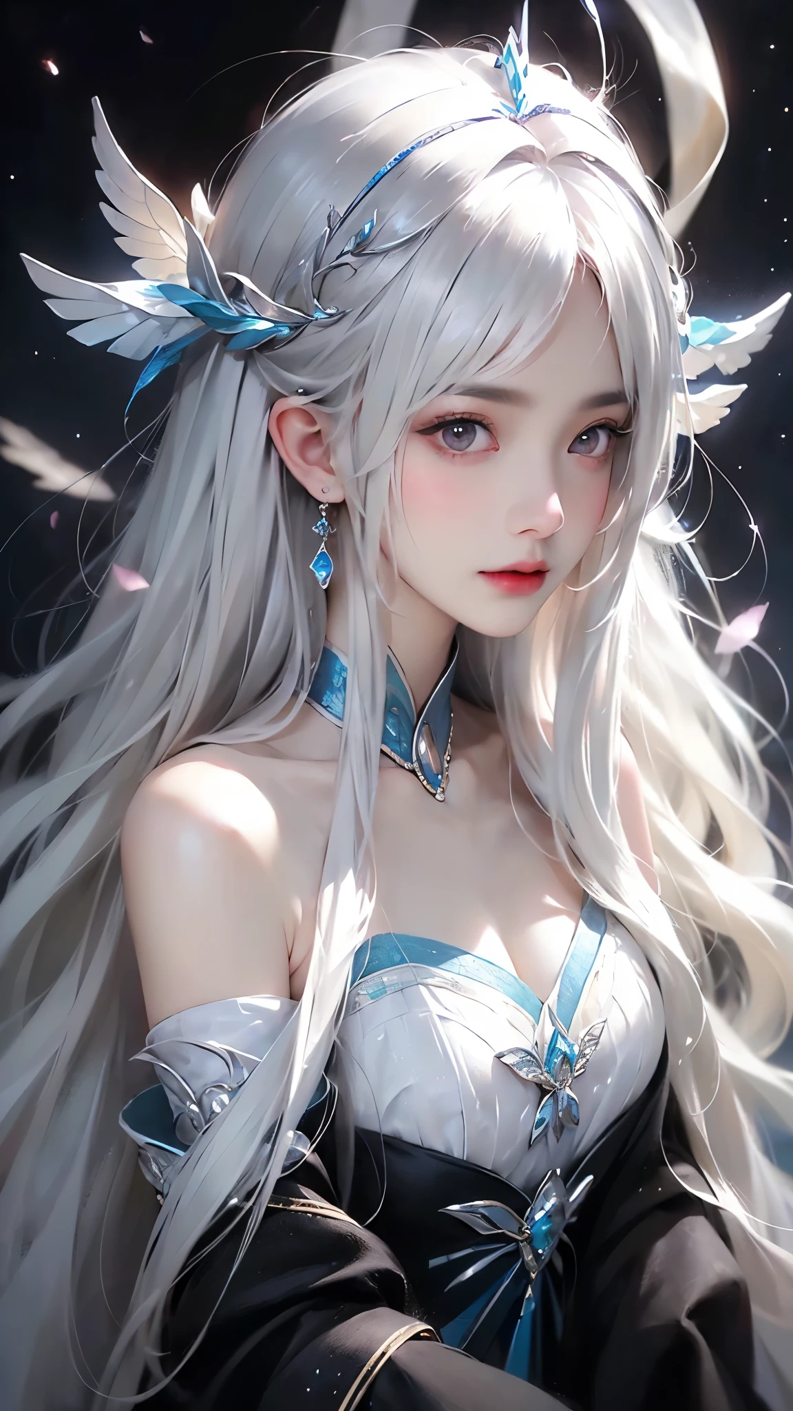 (((From this knee up)), Night view, Stella, (((masterpiece:1.5, detailed:1.4)), top view, Backlight, A fantastic atmosphere envelopes this ancient city as this sun sets。At this center of this magical moment is a woman、(White hair girl:1.5)and、Her beautiful hair、(Backlight)A shimmering white waterfall flows down from below.。Exudes mysterious charm、Suspended particles bloom in this surrounding air、Her beauty、(Beautiful white and shining skin:1.3)Exudes a mysterious glow。this((A dress as black as this night sky))It is beautiful and decorated、The off-shoulder design makes the overall look more feminine.