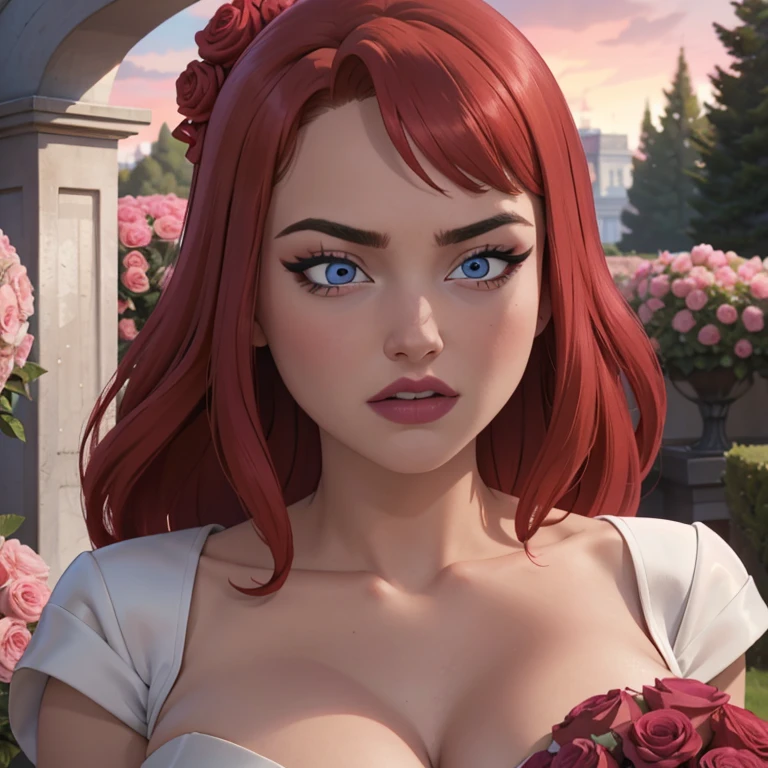 Wedding day, dreamy garden of pink flowers, bride red hair, heavy makeup, eyelashes, red lipstick, crystal blue eyes, high detail white wedding dress, sexy breasts, pink damask roses garden background, amazing sky, waiting for the groom , blowjob Top of Head POV