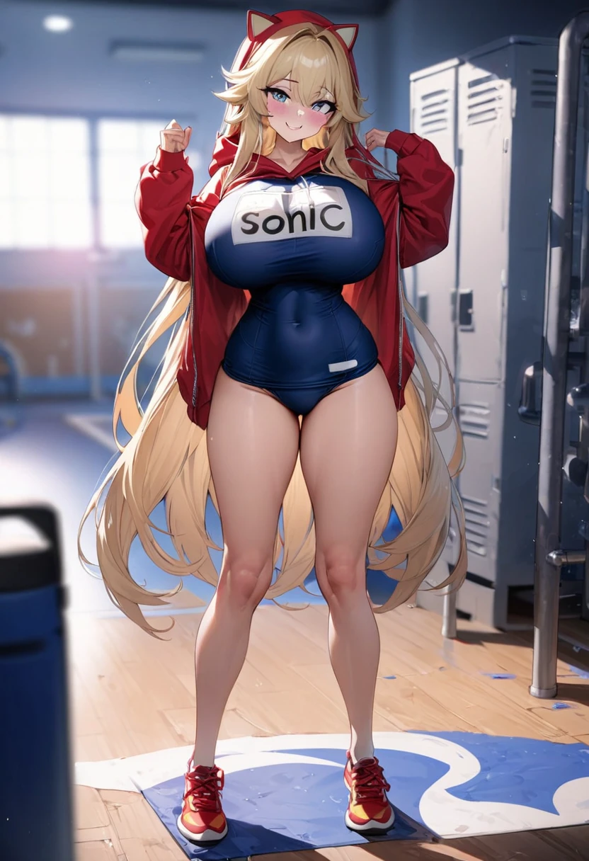 (masterpiece:1.2, best quality), (highly detailed), gym locker room, 1girl,  girl, , long legs, long hair, blonde, (School Swimsuit sonic the hedgehog hoodie)), standing, smile, Original Character, Volumetric Lighting, Best Shadows, Shallow Depth of Field, (Highest Quality, Amazing Details:1.25), Brilliant Colorful Paintings (Huge breasts: 1. 2,),