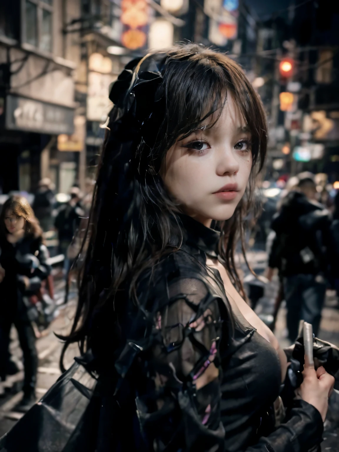A woman cosplaying as hero  in a hyper-realistic female version, Sexy heroine costume, hero trage from the avengers. she stands facing a dark street at night wearing a hero outfit. She's standing in front, dark street raining, dark, street, raining, night, cold, cold colors at night. Masterpiece, Cosplay, Cinematic Effect, Cinematic Style, 8k, Best Quality, Real Textured Skin, Realistic Textured Clothing, Realistic Textured Hair. Blurred background f1.2. Masterpiece. 
