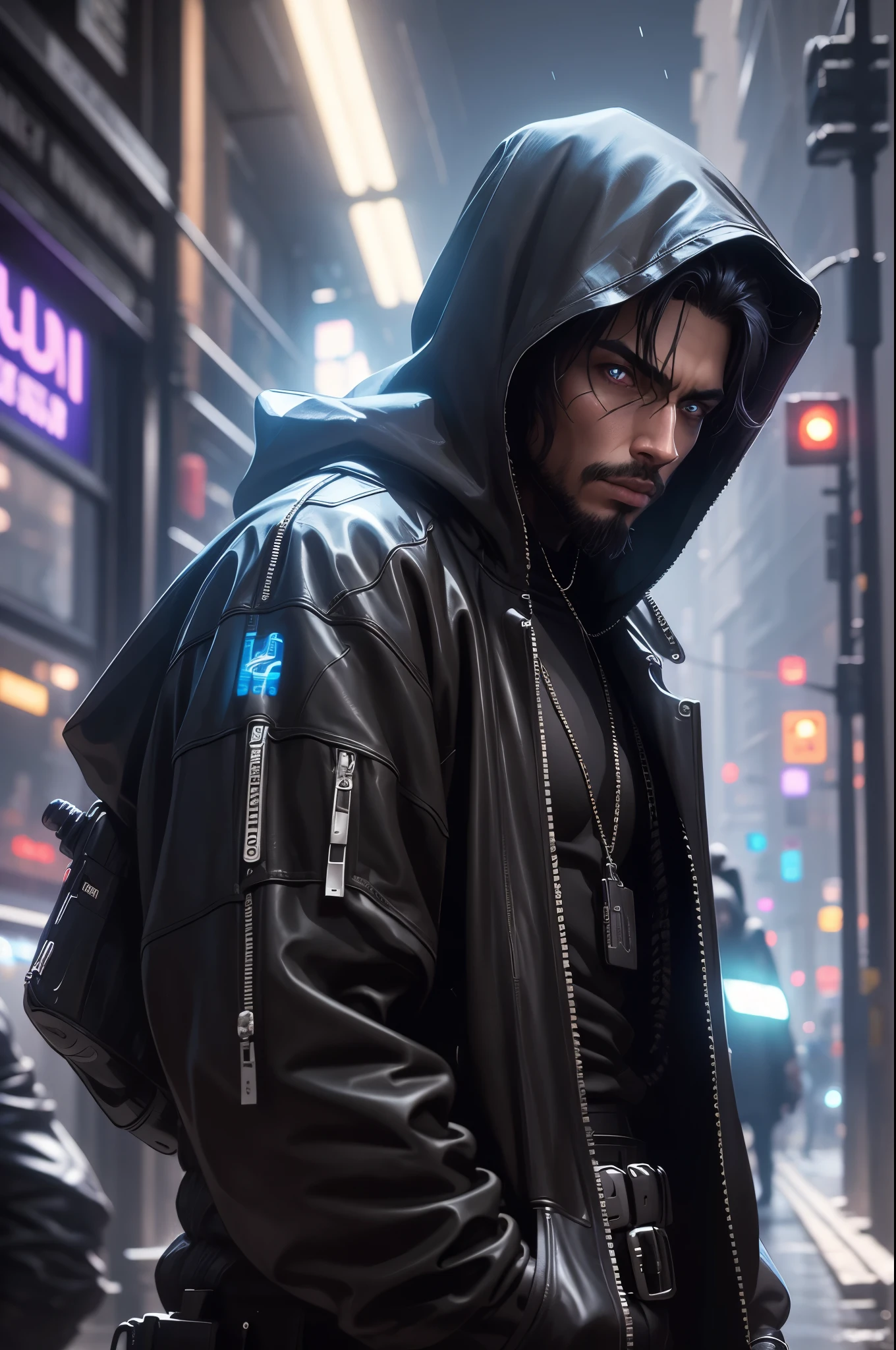 1man, mysterious, black hoodle, cypher, cyberpunk, futuristic, looking at viewer, best quality, masterpiece, night time, good body, handsome, smart, attractive